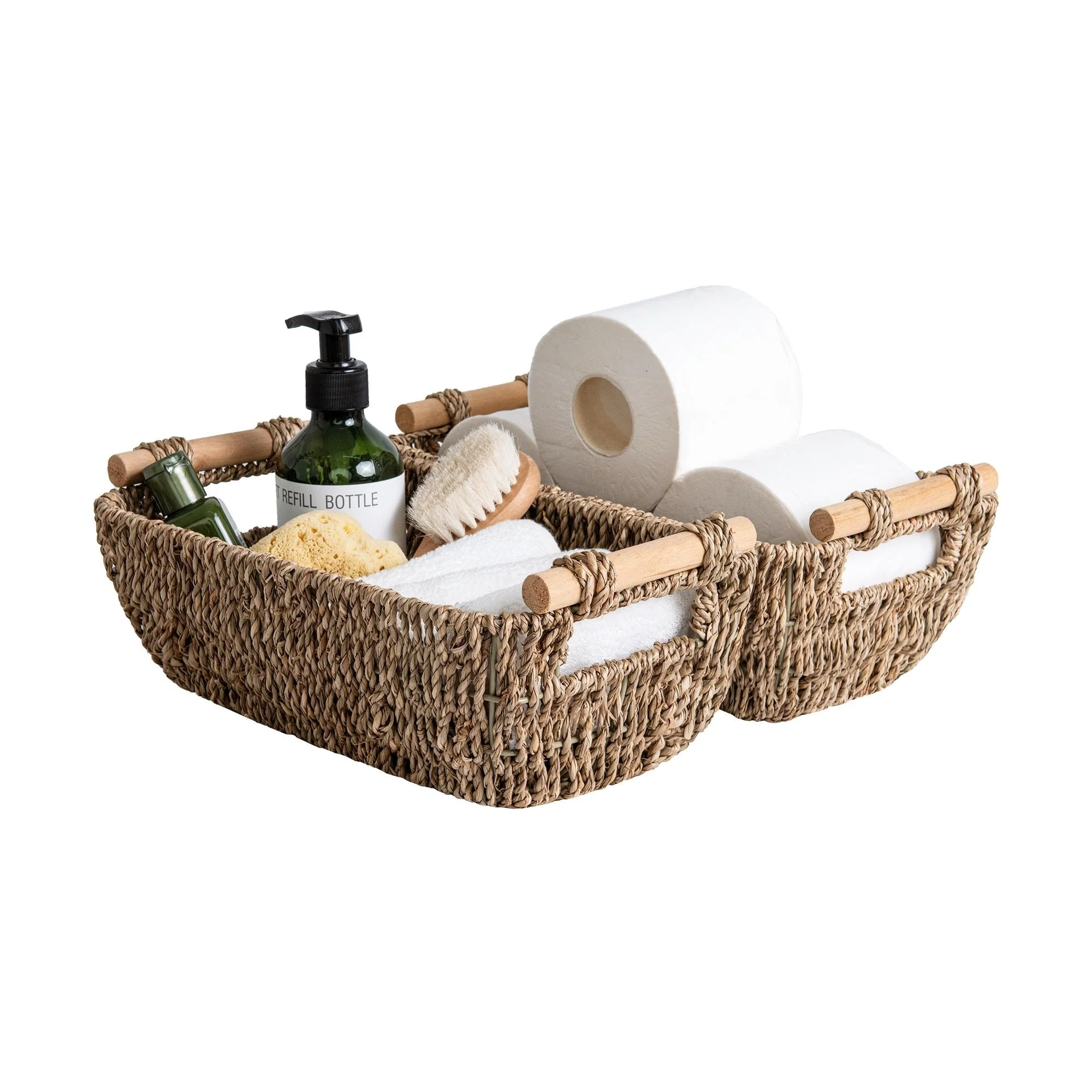 2-Pack Hand-Woven Storage Baskets with Wooden Handles, Wicker Basket for Organizing, Gift Choice
