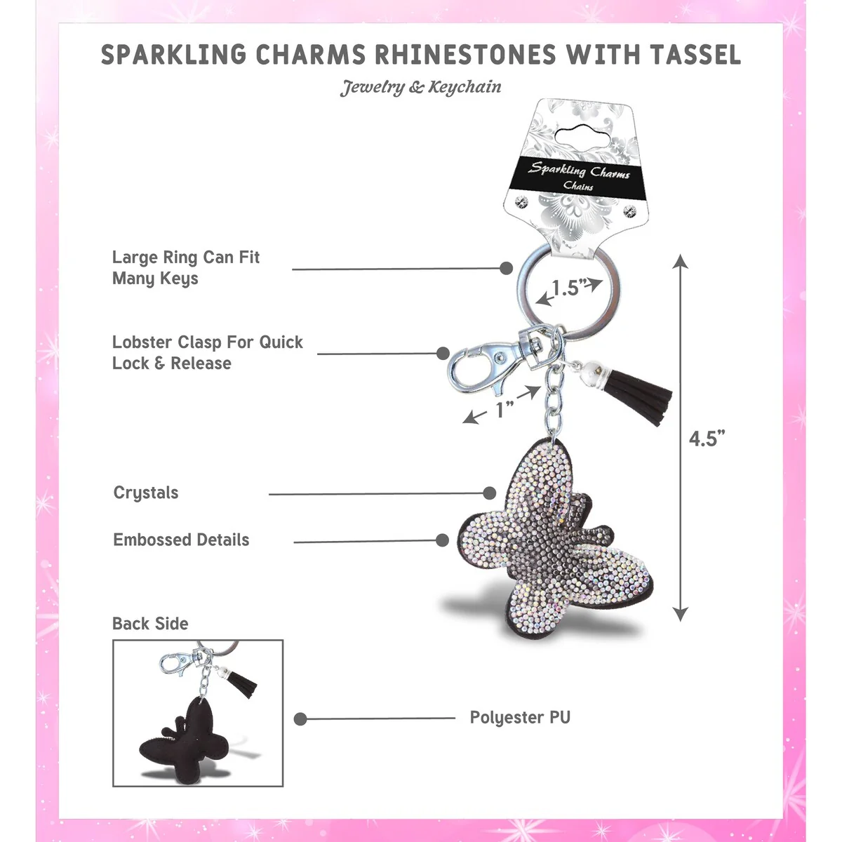 Aqua79 Butterfly Keychain - Grey Sparkling Rhinestones Charm w/ Tassel - 2.25 x 2.25 x 0.25 inches