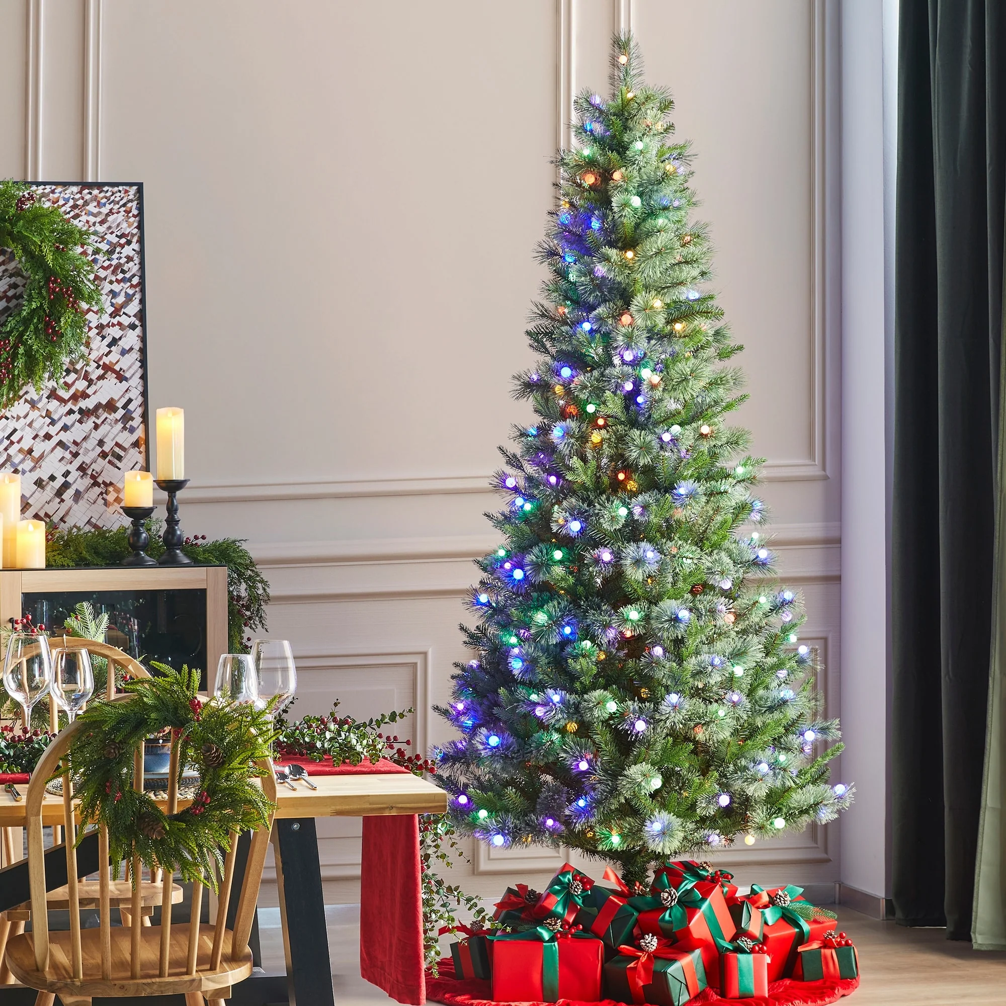 Glitzhome 7.5ft/9ft Pre-Lit Green Slim Pine Artificial Christmas Tree with Foot Pedal & Remote Control