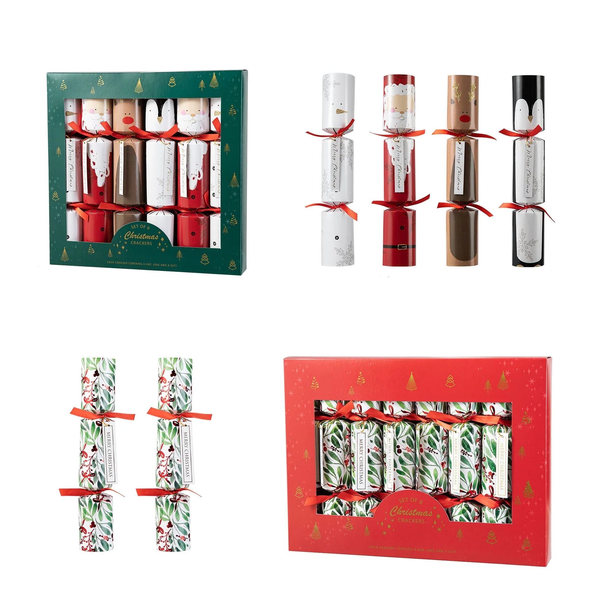 Glitzhome 14PK Christmas Santa Snowman Penguin Reindeer & Holy Leaves Party Crackers with Gift Contents