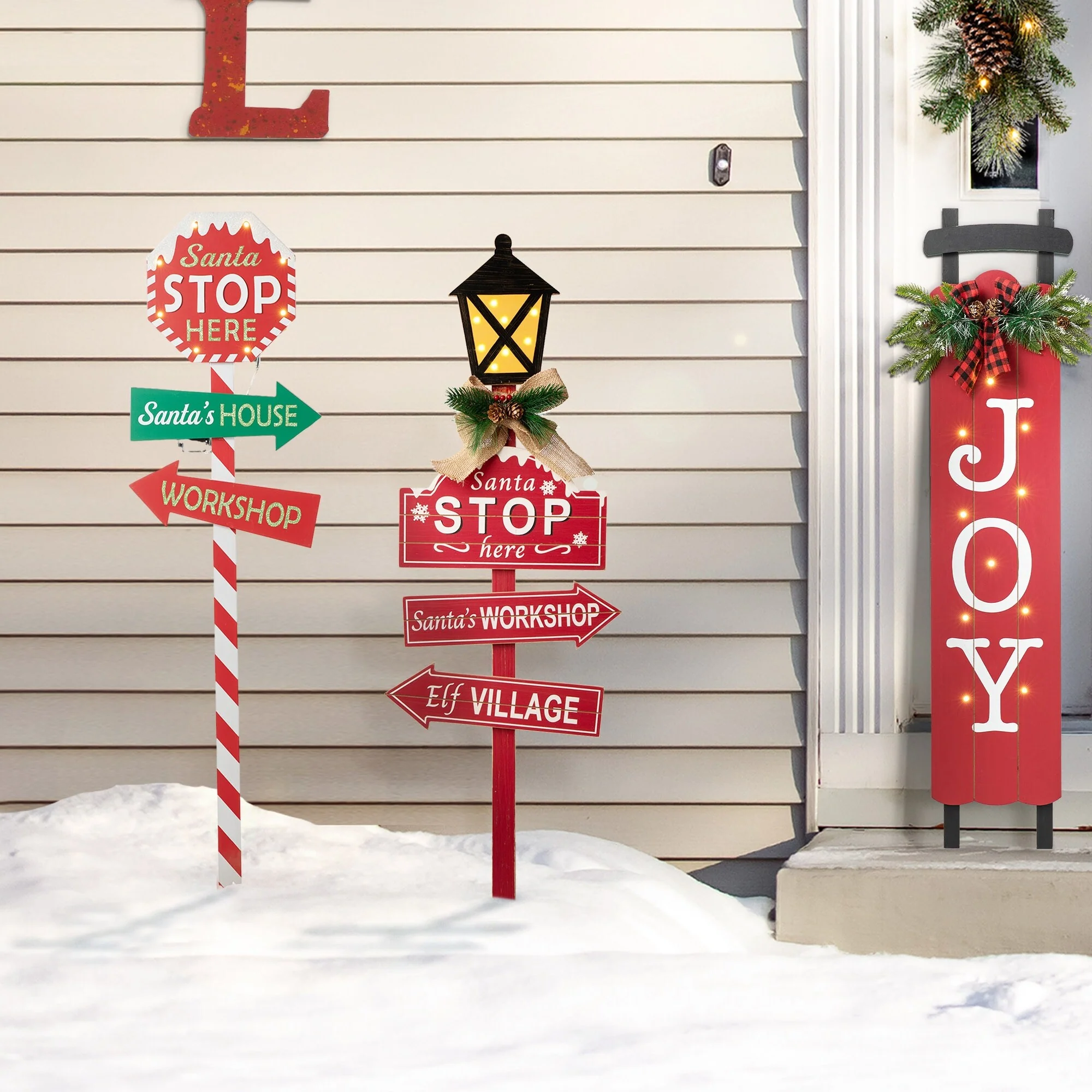 Glitzhome Christmas Lighted Wooden Santa Stop Here Yard Stake Outdoor Decor