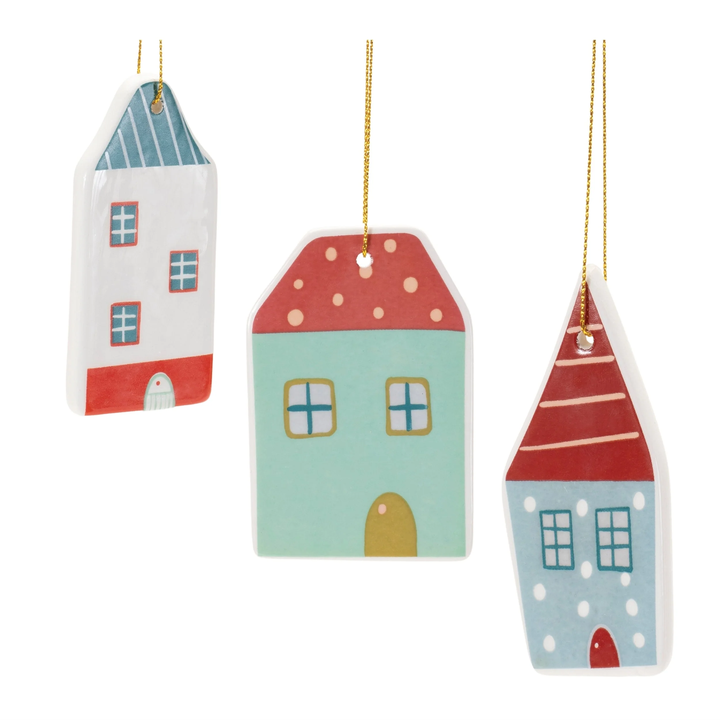 Set of 12 Modern Ceramic Winter House Ornaments with Glossy Red Green Finish for Holiday Decor - 2.25”L x 0.5”W x 3.25”H