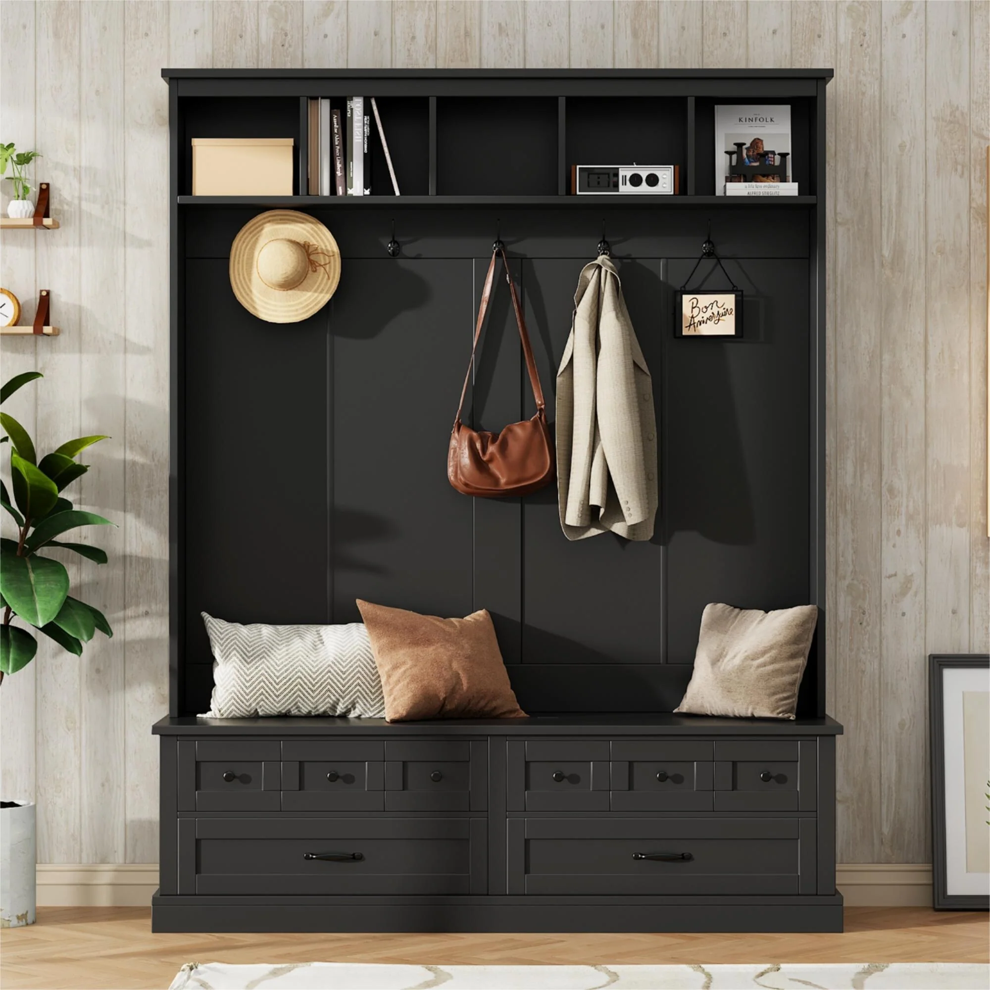 Elegant Wide Hall Tree with 5 Hooks, Versatile Entryway Lift Top Storage Bench with 2 Drawers