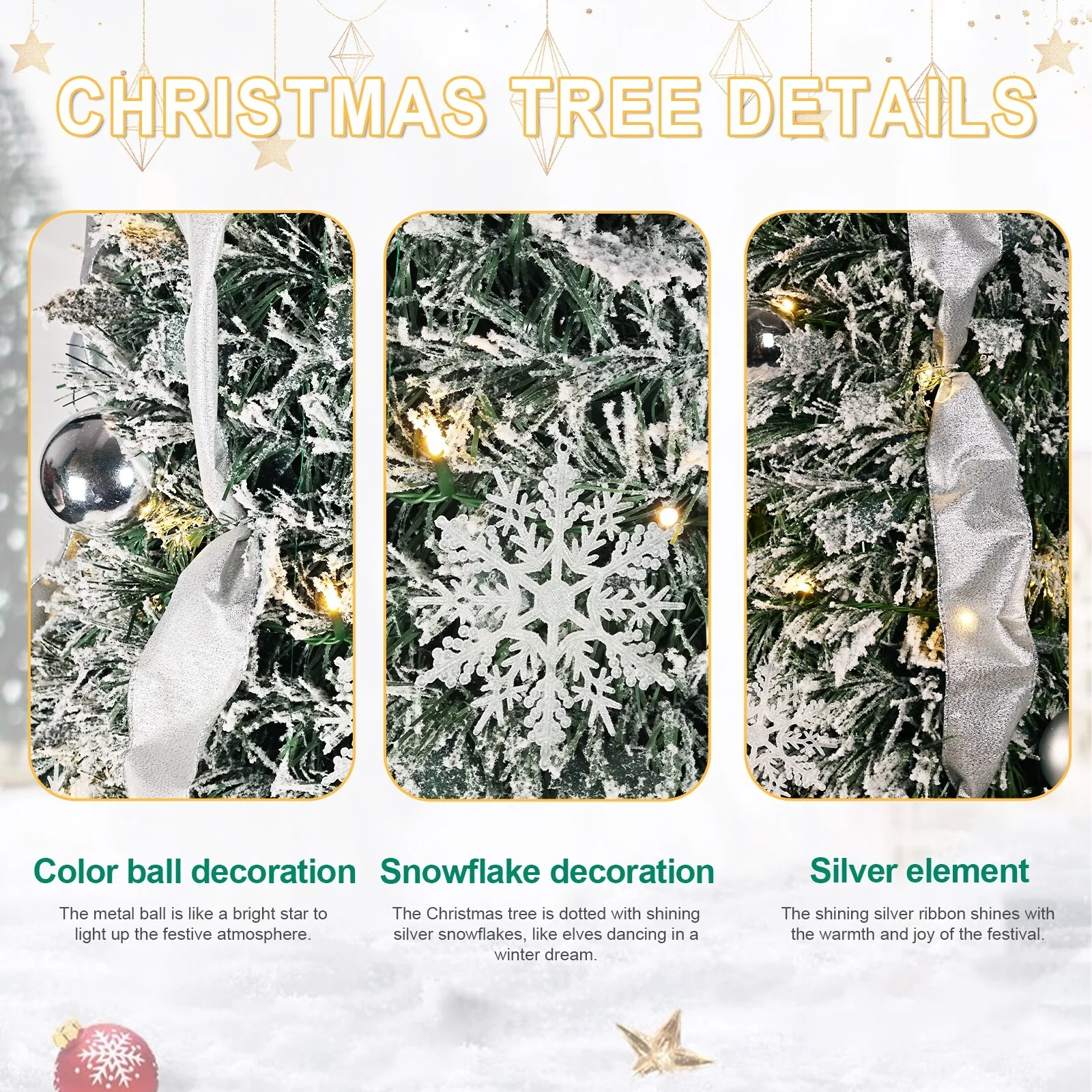 Flocked Pop-Up Christmas Tree With Warm White Ul Lights - Pre-Decorated With Ornaments, Snowflakes, Ribbons & Large Bow