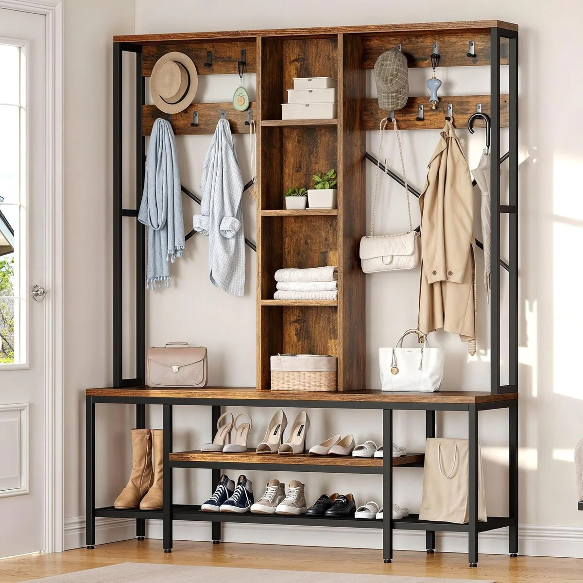 Moasis 5-in-1 Entryway Coat Rack Shoe Bench, Industrial Hall Tree Coat Shoe Rack with Hutch