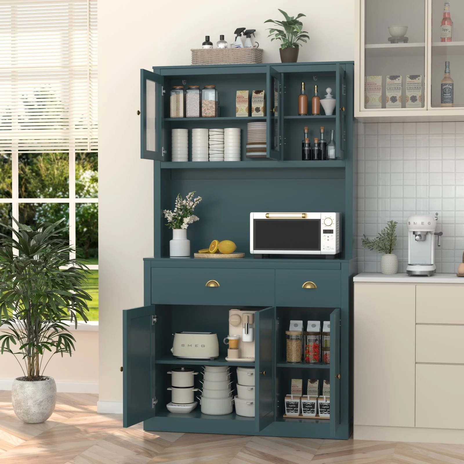 VEIKOUS Kitchen Pantry Storage Cabinet Cupboard with Framed Glass Door and Drawer