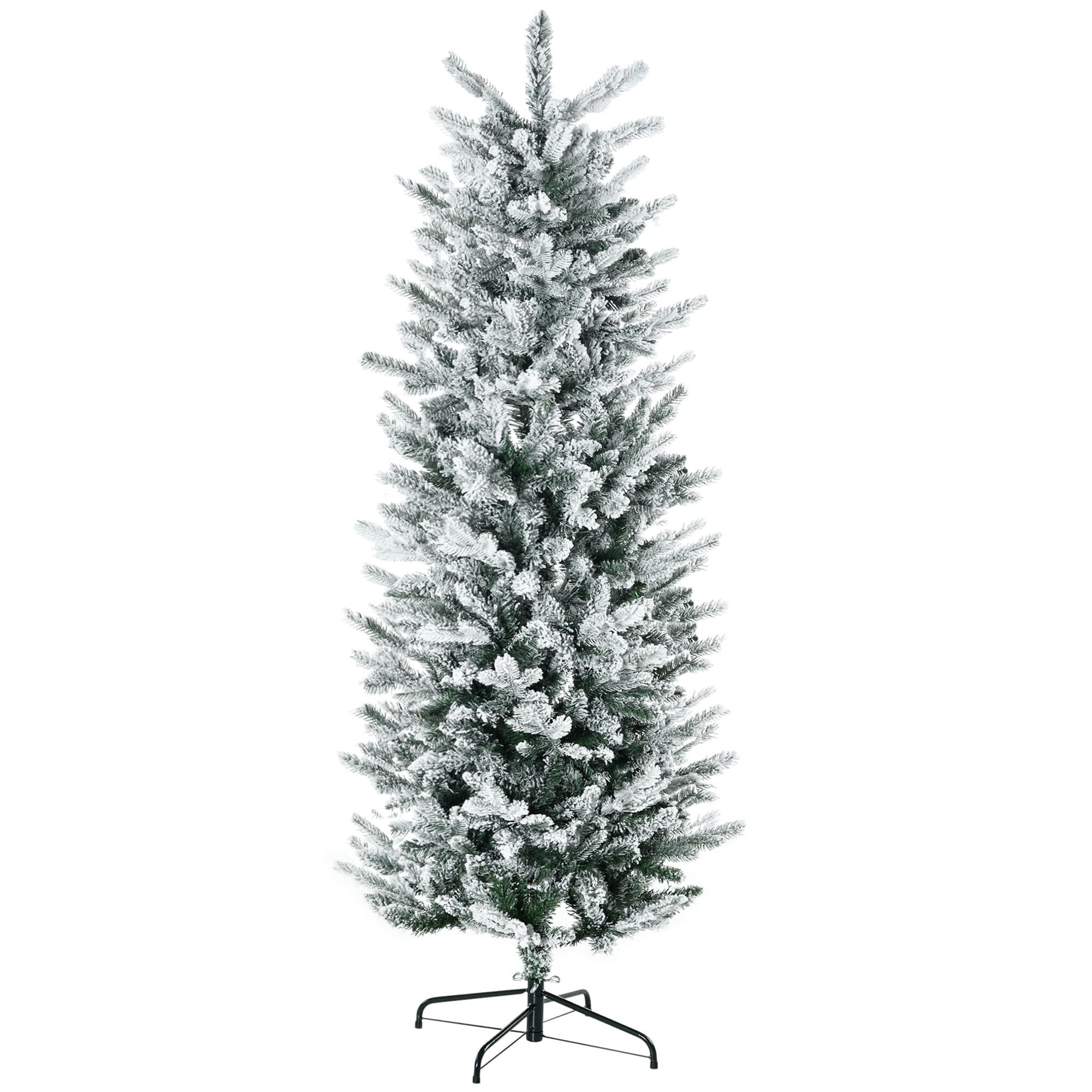 Snow-Flocked 6ft Pencil Christmas Tree, Realistic Green Unlit Tree with Auto Open Design and Steel Base