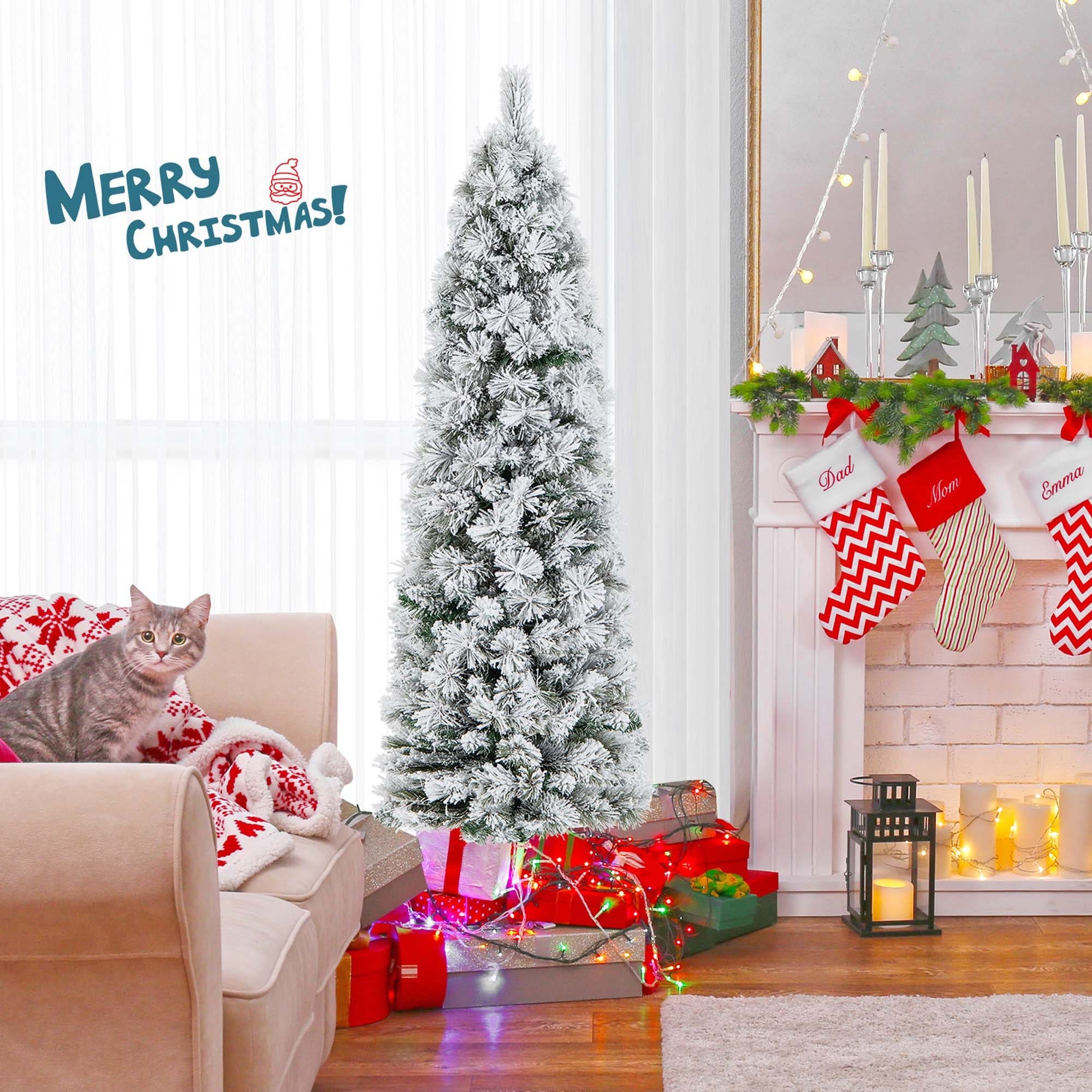 4.5 /6/7FT Pre-Lit Slim Christmas Tree Flocked Decoration w/ Lights