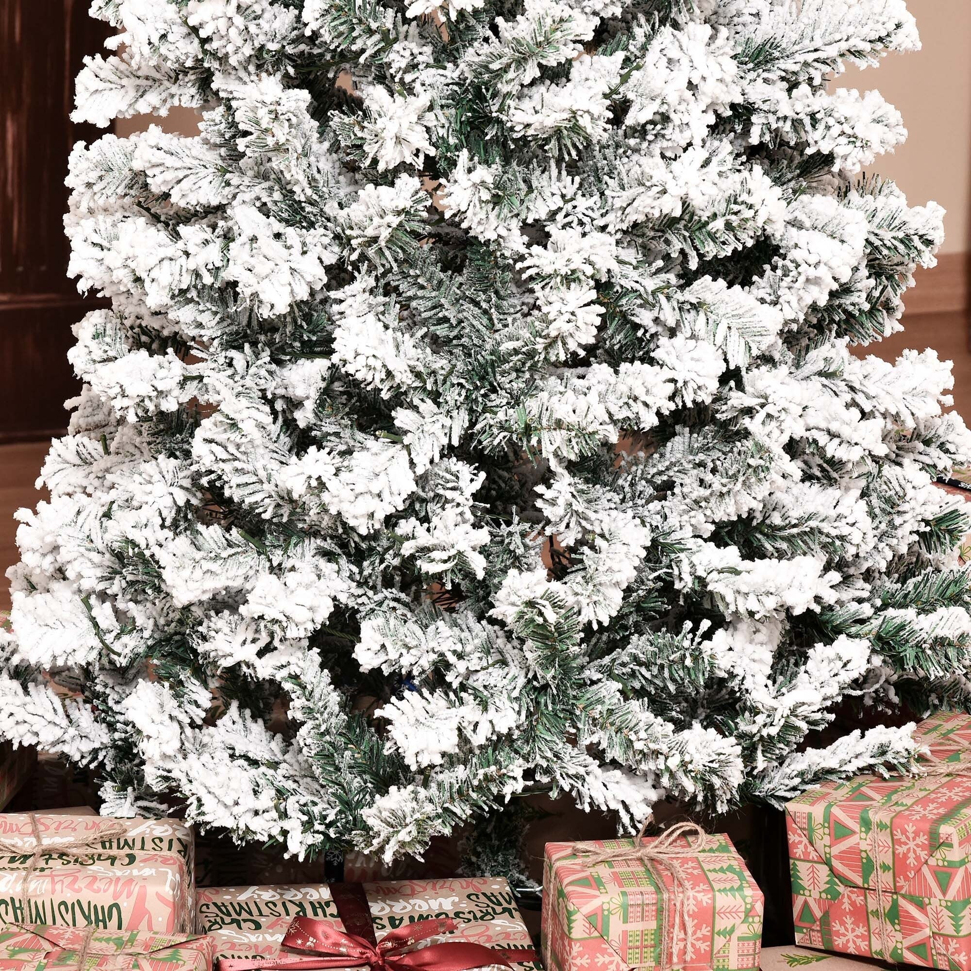 Snow-Flocked 7.5ft Slim Douglas Fir Christmas Tree with 350 LED Lights, Ideal for Holiday Decoration