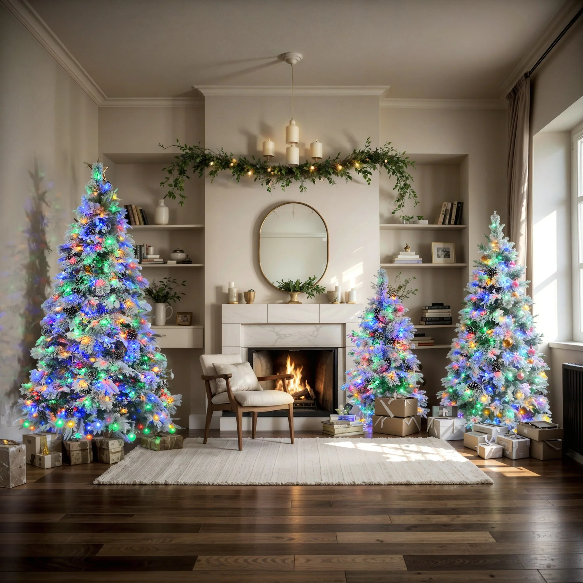 Snow Flocked Christmas Tree Set with LED Lights, 4FT, 6FT, 7.5FT, 820 Lights