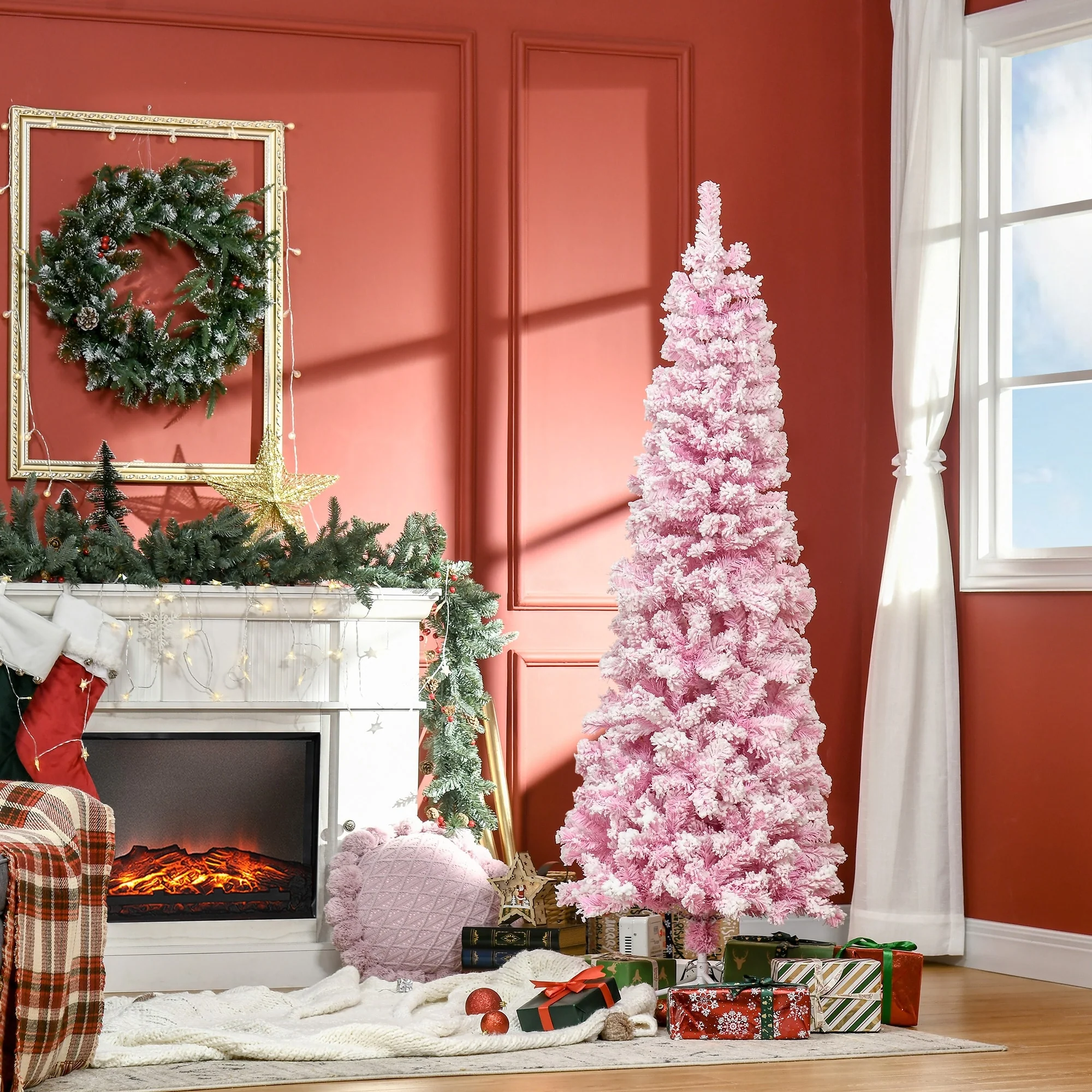 HOMCOM Artificial Colored Slim Flocked Christmas Tree with Stand