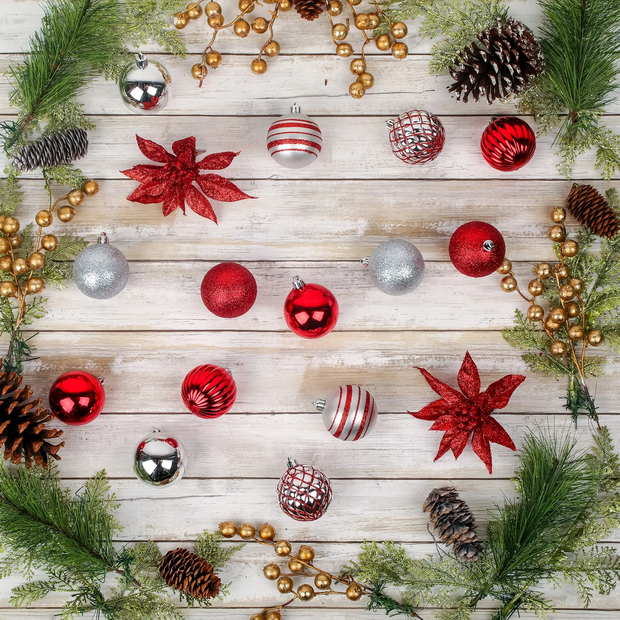 National Tree Company 2 in. Shatterproof Christmas Ornament Set, Red and Silver, 40 Balls and 4 Flowers - 2 in