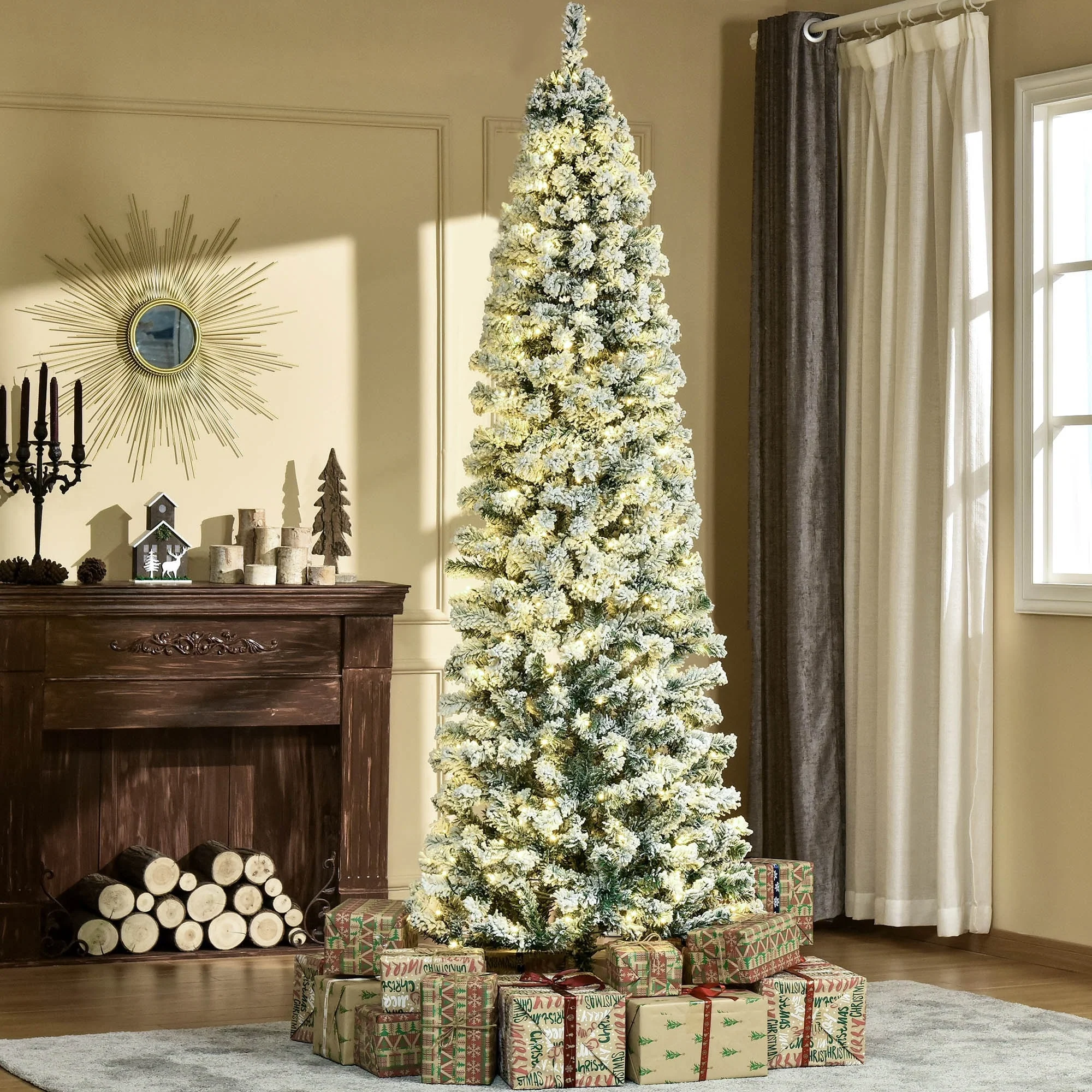 HOMCOM 6FT/7FT/9FT Slim Flocked Christmas Tree with Lights, Skinny Christmas Tree with Stand
