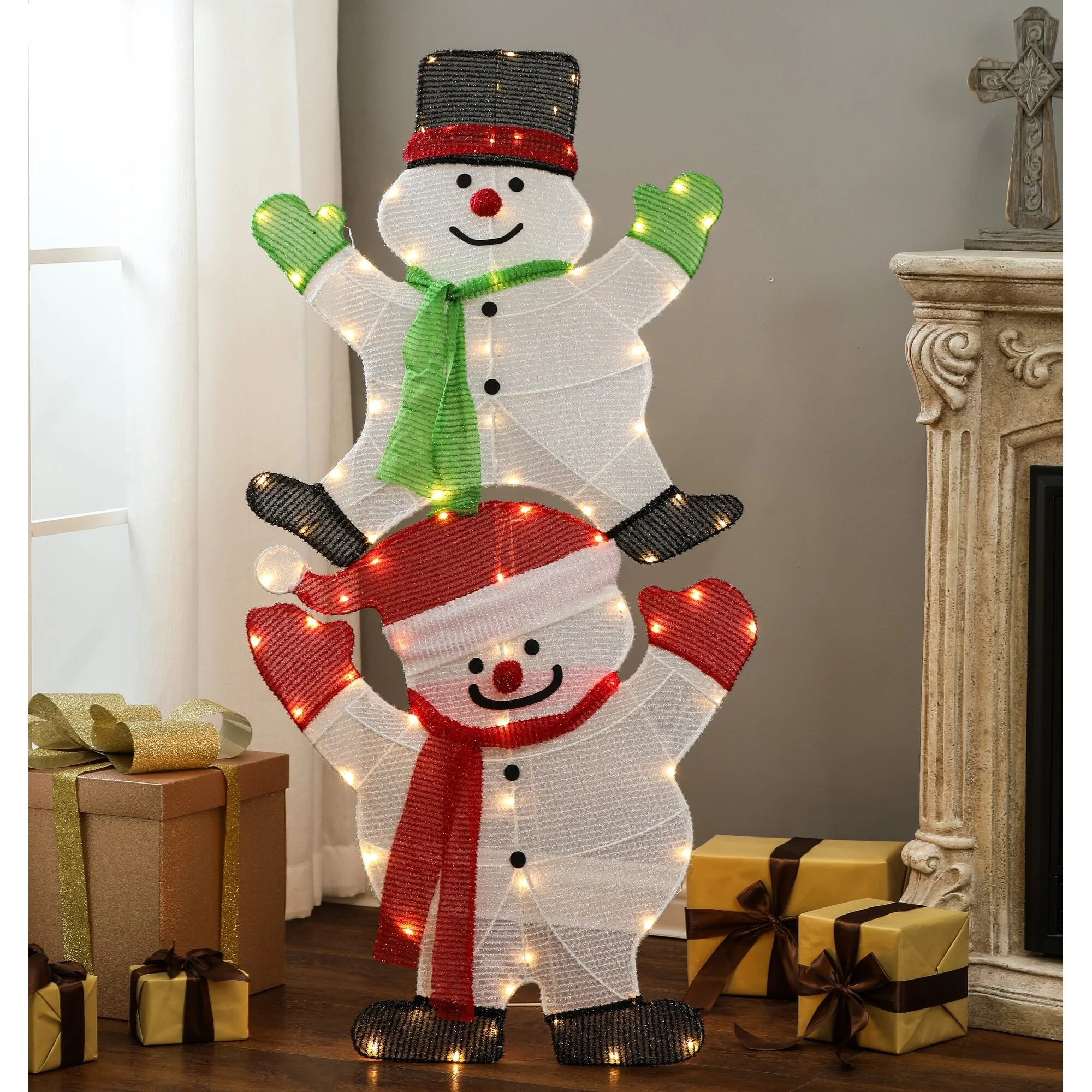Lighted Stacked Snowman indoor or Outdoor Holiday Decoration - Multi-Color/White