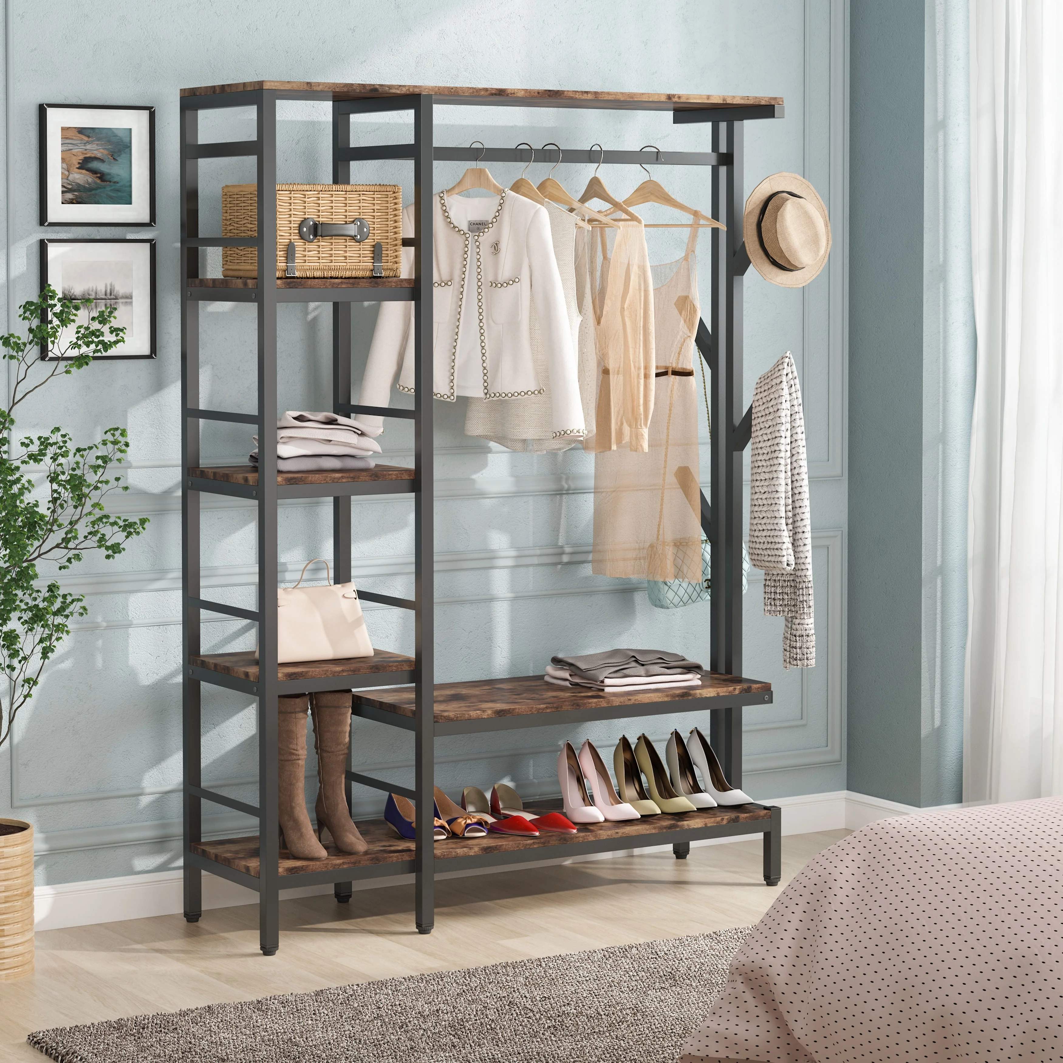 Free-standing Closet Organizer with Hooks, Garment Rack, Coat Rack with Shoe Bench