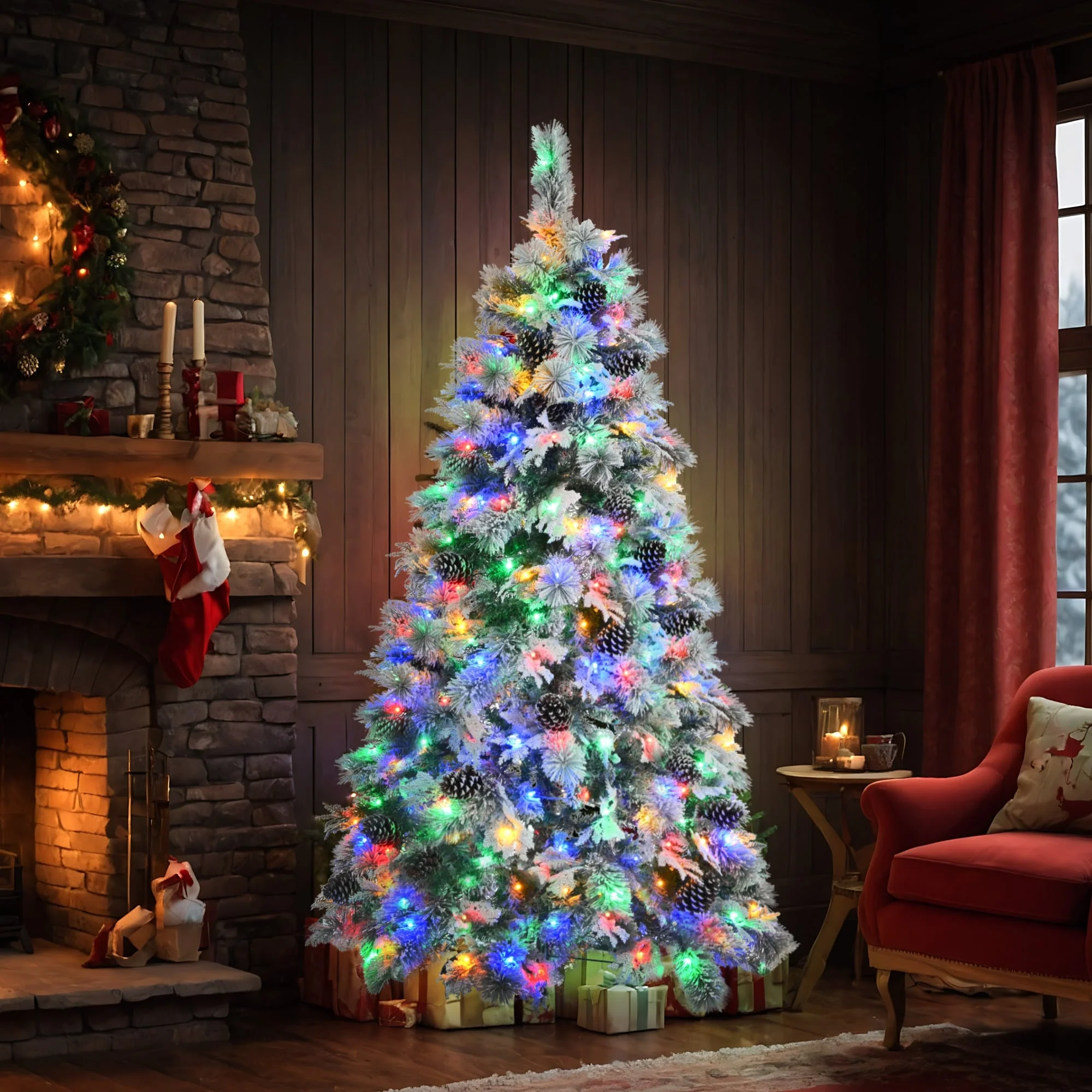 6FT Pre-Lit Snow Flocked Christmas Tree with 250 Multi-Color LED Lights & Pine Cones