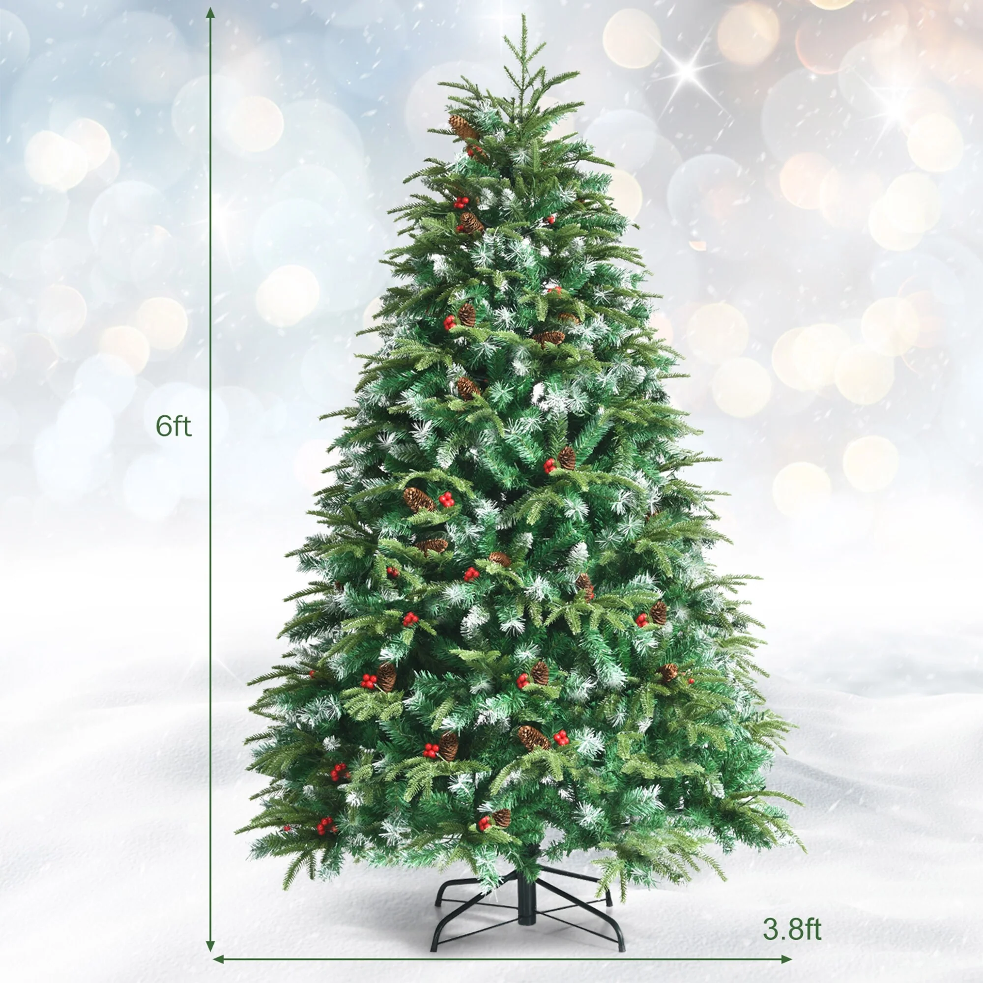 PreLit Artificial Christmas Tree Hinged Realistic Snowy Xmas Pine Tree