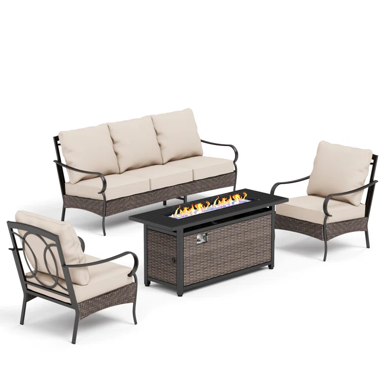 Arwand Outdoor Patio Conversation Set with Fire Pit Table & Optional Ottomans