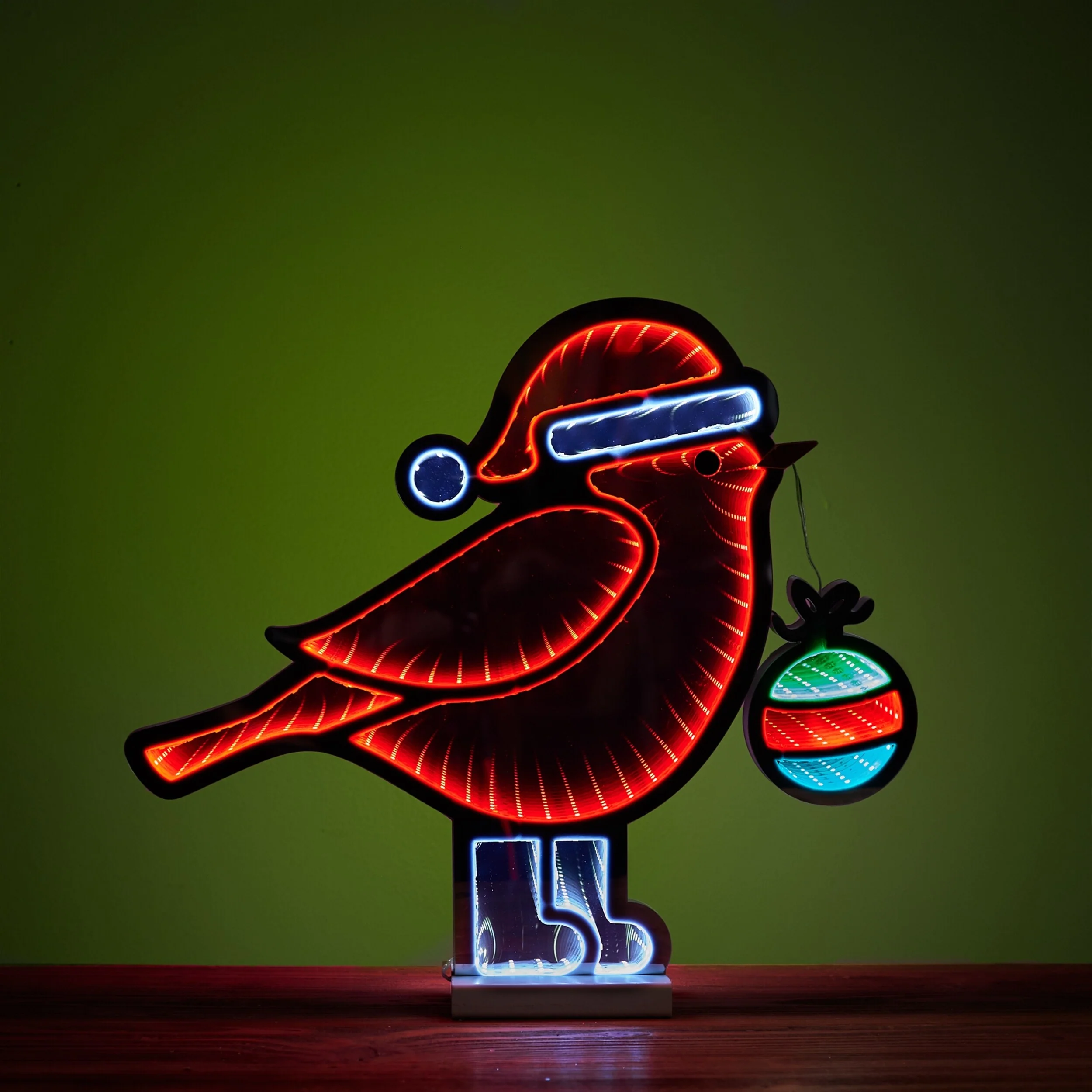 Acrylic Plastic Cardinal Bird with Santa Hat Ornament and Infinity Light Effect - 18” x 2.75” x 15.75” (L x W x H)