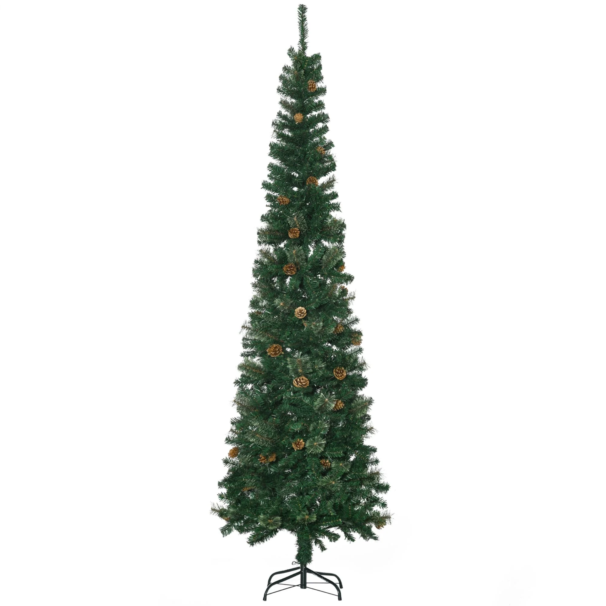 Slim 7.5' Green Christmas Tree with Pine Cones and Metal Base, Unlit with Realistic Branches