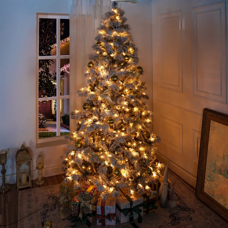 Snow-Flocked Pre-Lit Christmas Tree with Realistic Alaskan Pine Frosted Branches and Lights