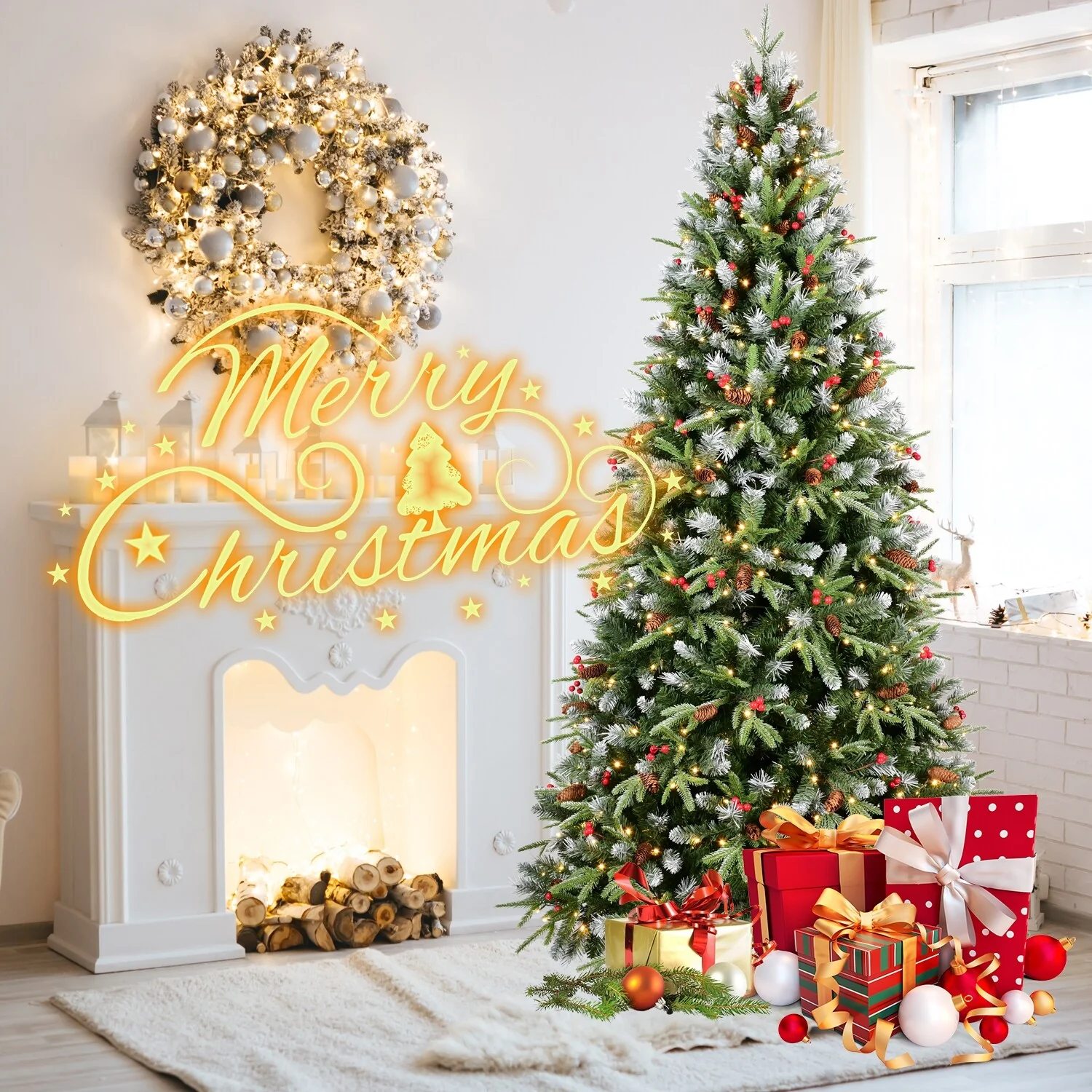 4FT Christmas Tree with 150 Warm White LED Lights-747 Snow-Tipped PE+PVC Branches, Red Berries&Pine Cones, Hinged Design