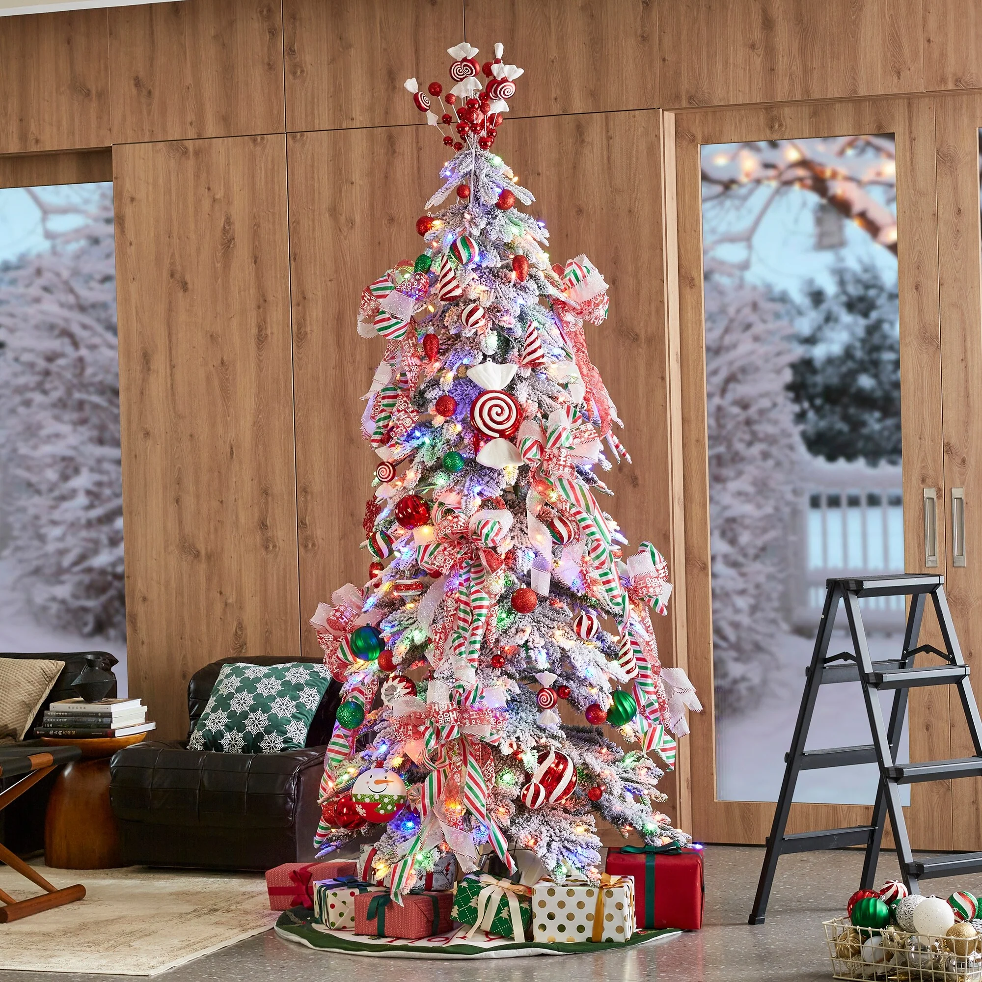 Glitzhome 7.5ft Pre-Lit Flocked Spinning Slim Spruce Artificial Christmas Tree with Rotating Stand