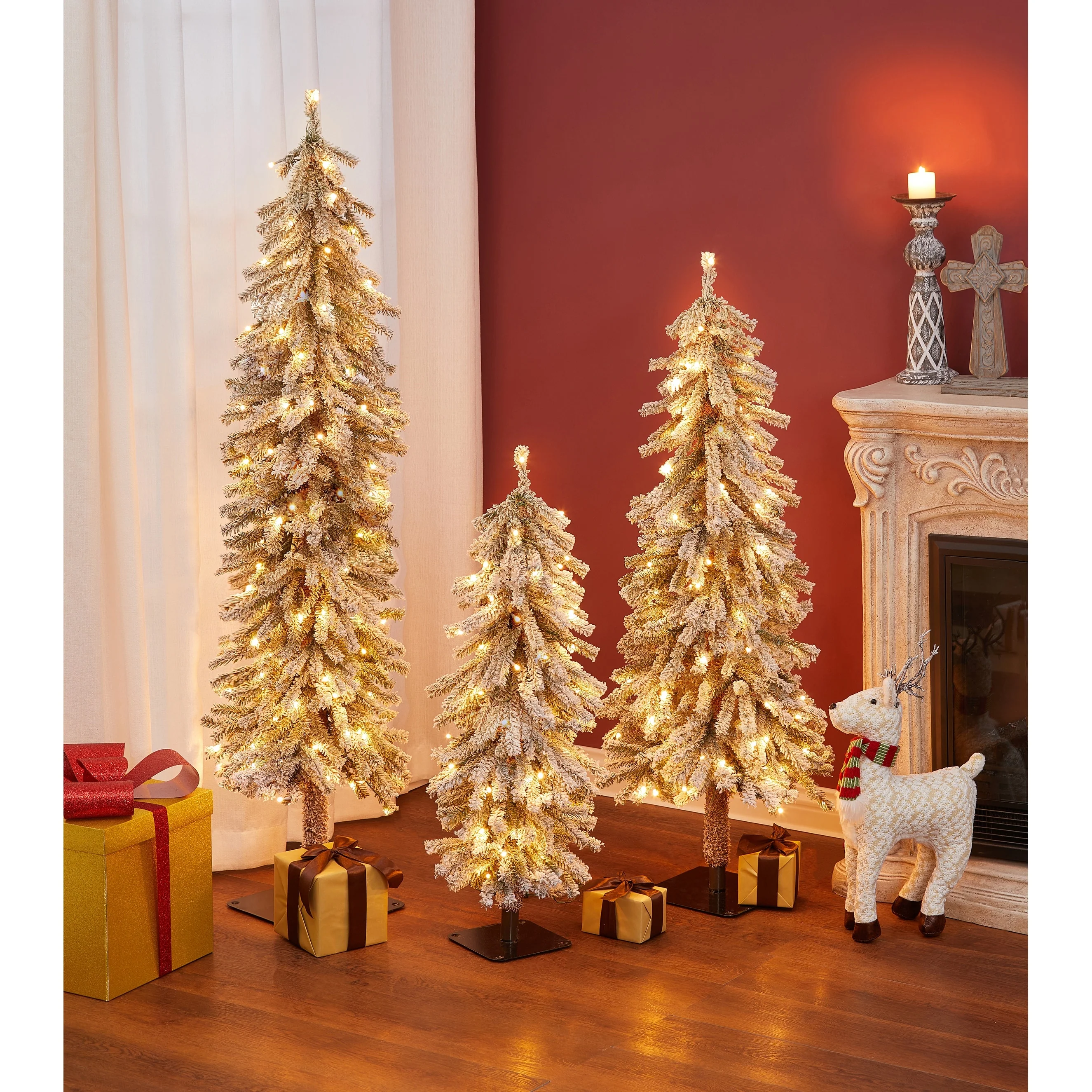 Pre-Lit LED Snow Flocked Fir Slim Artificial Christmas Trees (Set of 3)