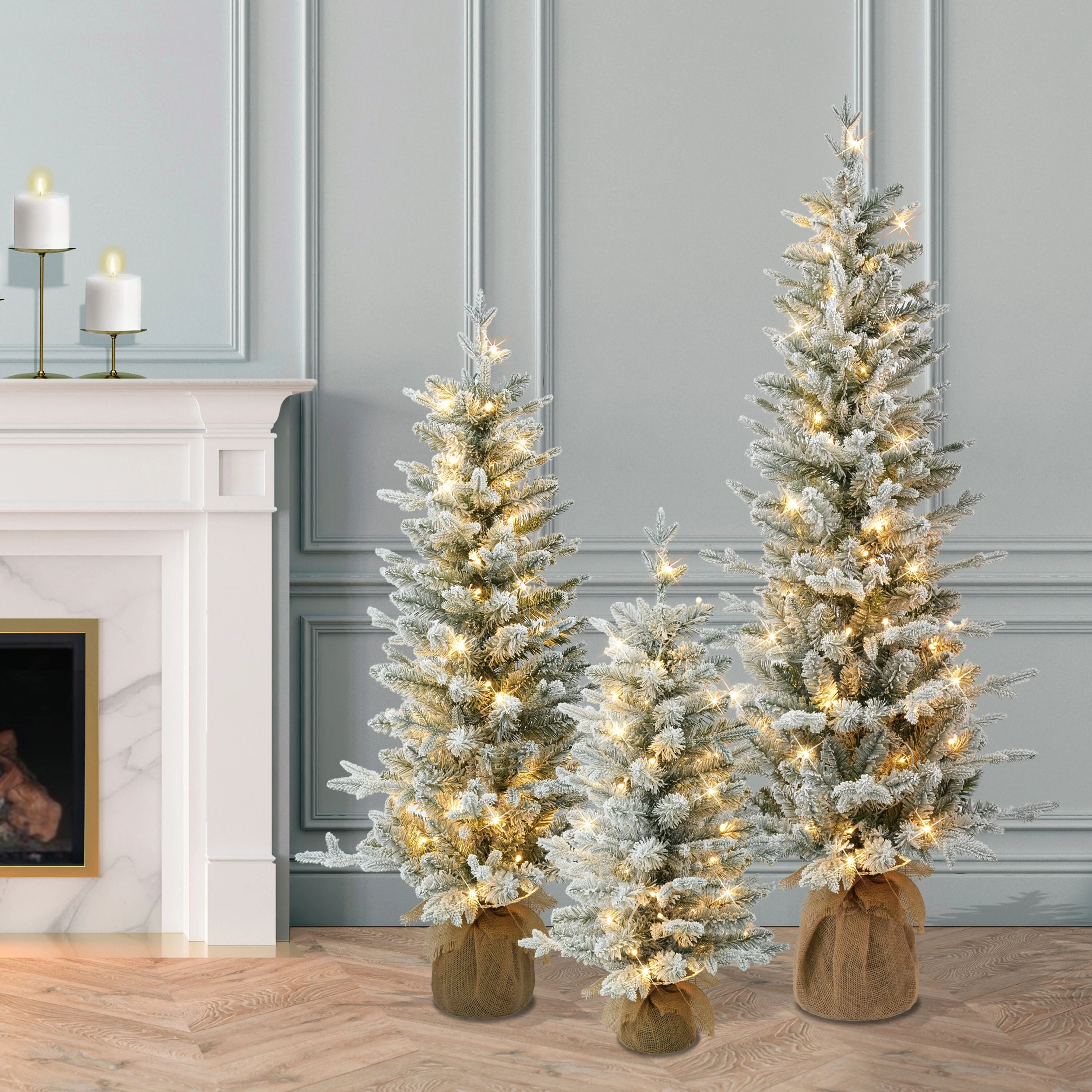 Puleo International Set of 3 Artificial Flocked Spruce Trees in 3', 4', and 5' with Burlap Base