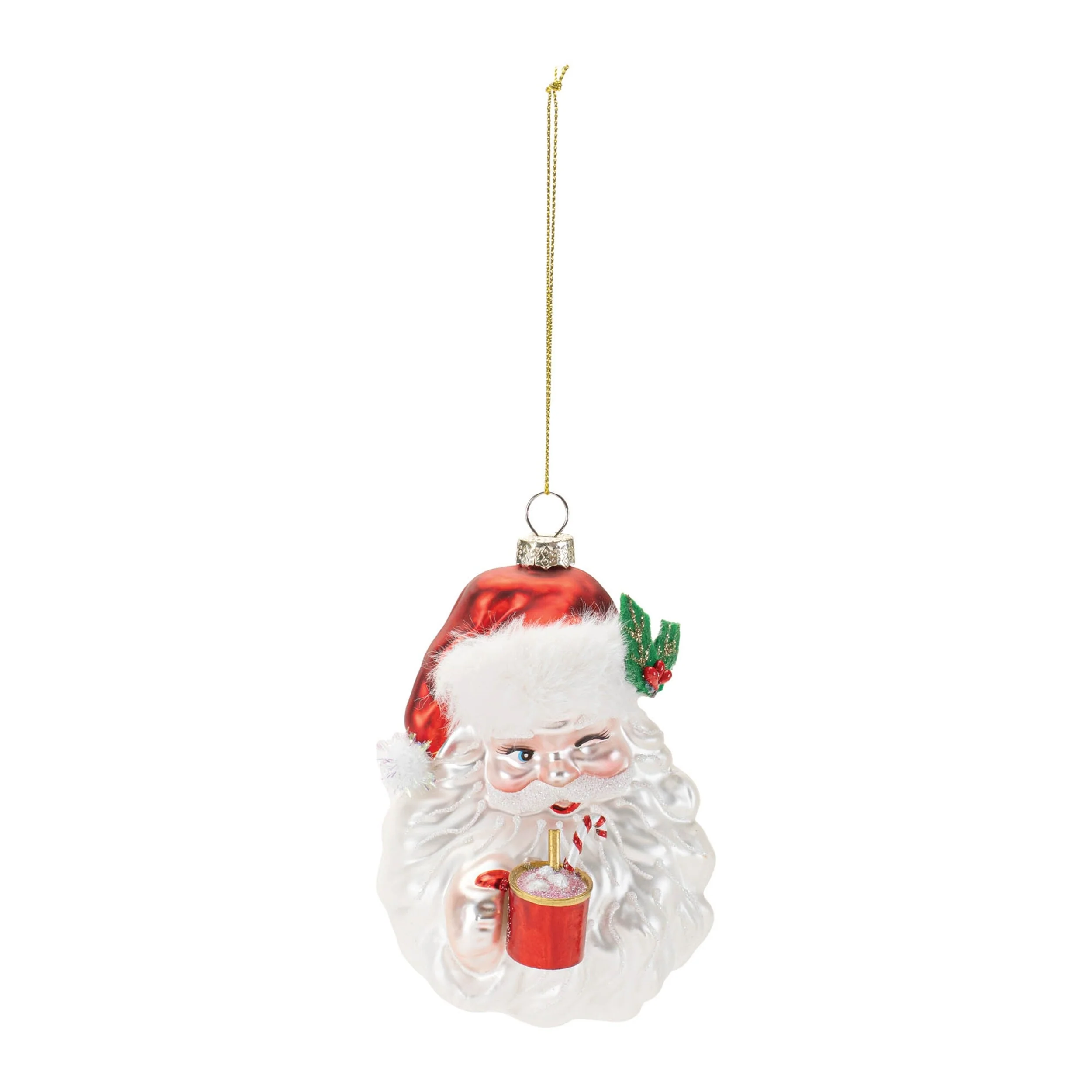 Glass Santa Ornaments Set of 6 with Hot Cocoa Design and Glitter Accents - 3.5” x 3.5” x 5” (L x W x H)