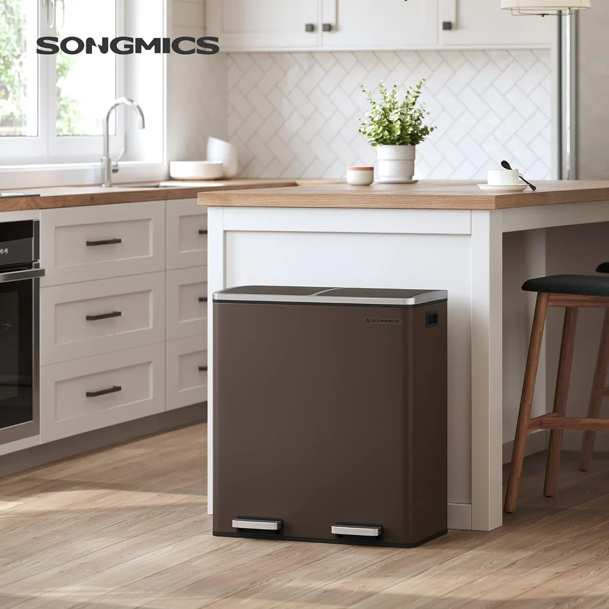SONGMICS Trash Can, 2x 8 Gallon Stainless Steel Garbage Can, Brown