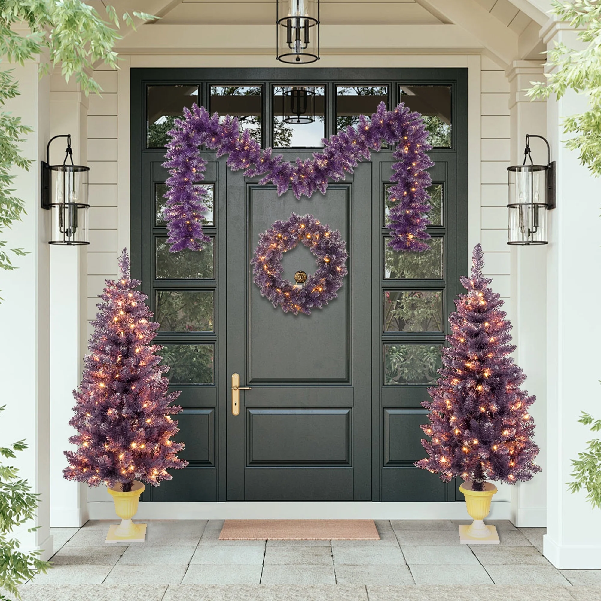 Purple Artificial Christmas Tree Set, 4-Piece with LED Lights, Wreath, Garland & Entryway Trees for Office/Home
