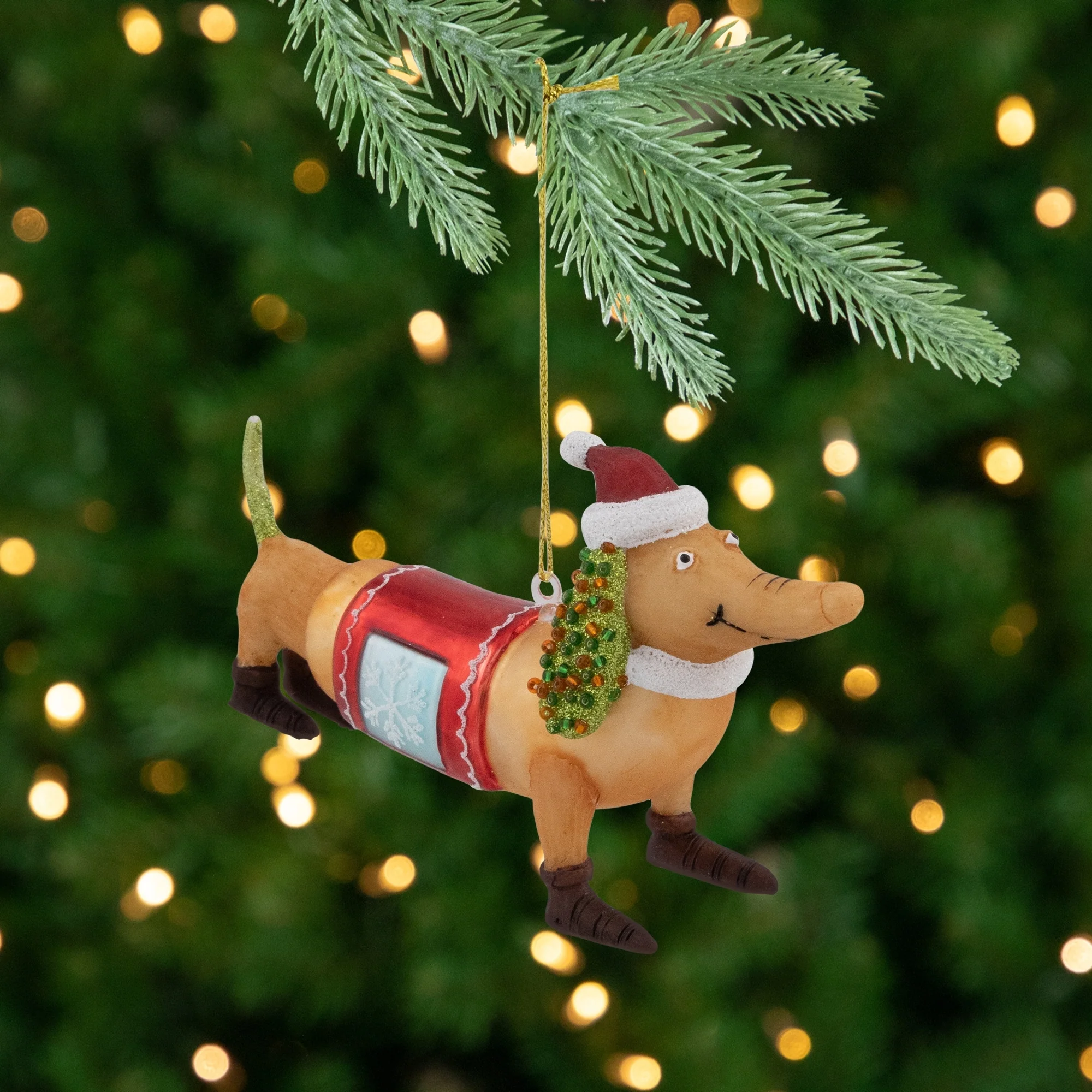 Dachshund Dog with Santa Hat Glass Christmas Ornament - 5.75