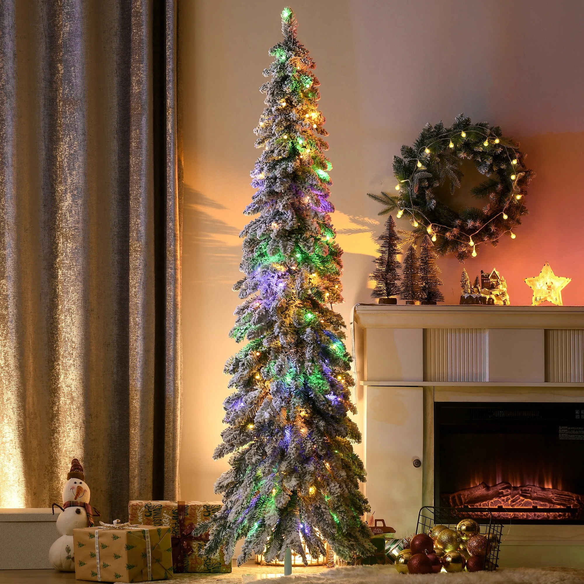 HOMCOM 6ft Tall Prelit Pencil Artificial Christmas Tree Holiday Décor with 407 Snow Flocked Branches Downswept Shape - 5.89 ft