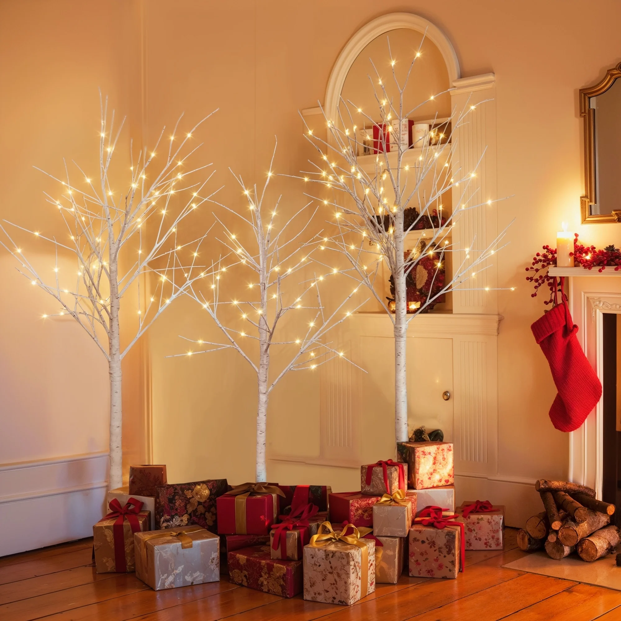 4FT, 5FT, 6FT Birch Tree Set with 216 LED Lights for Inside and Outside, Christmas and Seasonal Party Holiday Decor