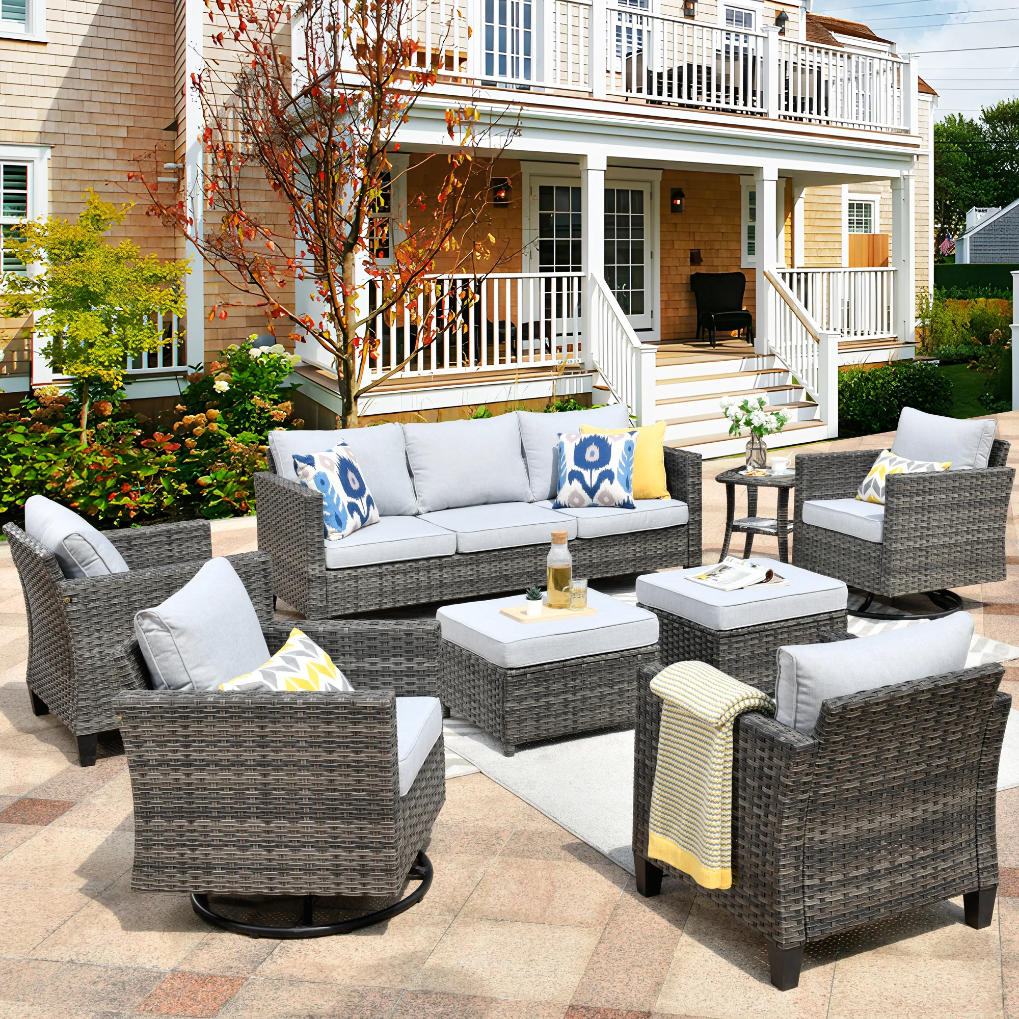 Ovios Patio Conversation Set 8-Piece with Swivel Rocking Chairs and Table
