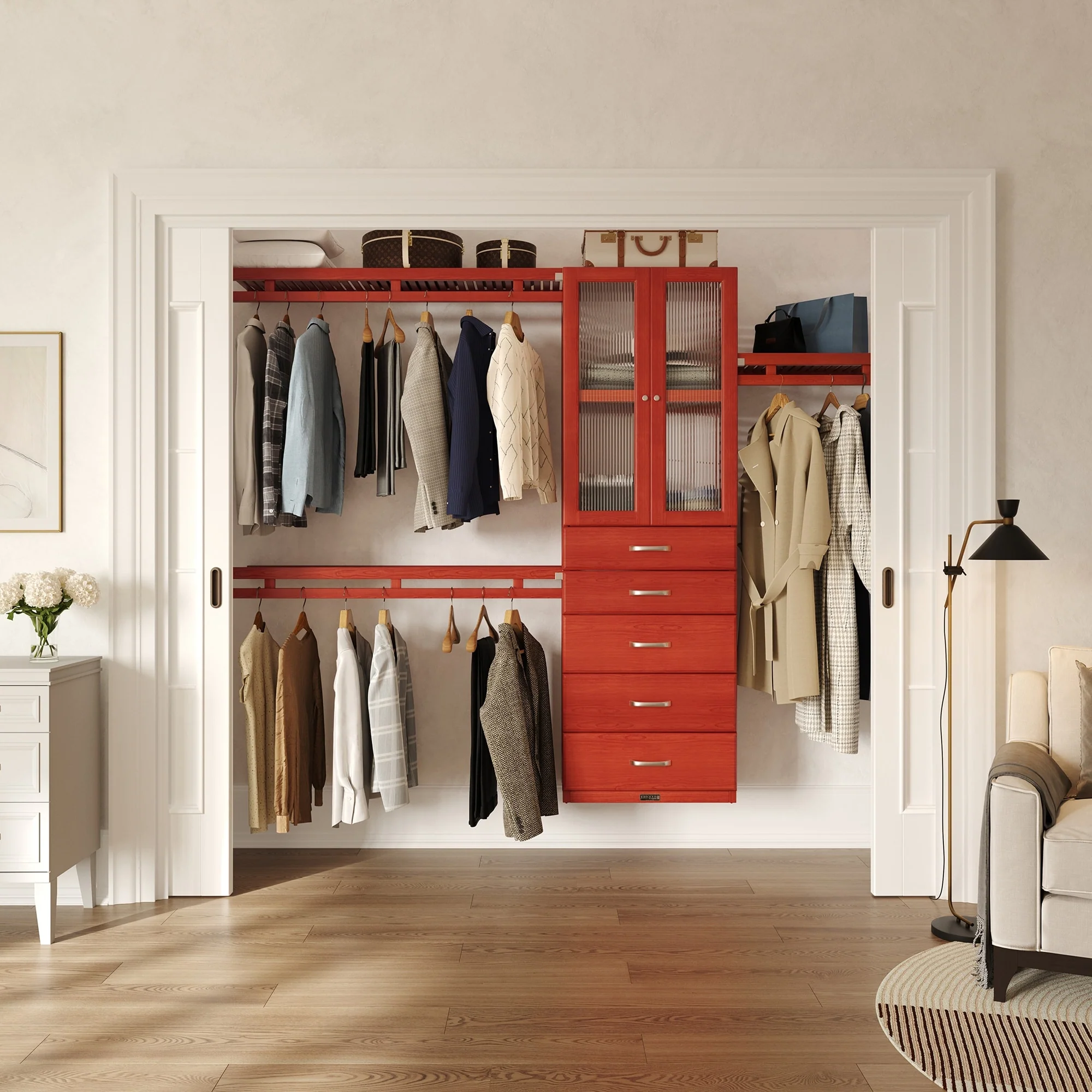 John Louis Home Solid Wood Reach-In Simplicity Closet System with 5-Drawers and Doors Red Mahogany