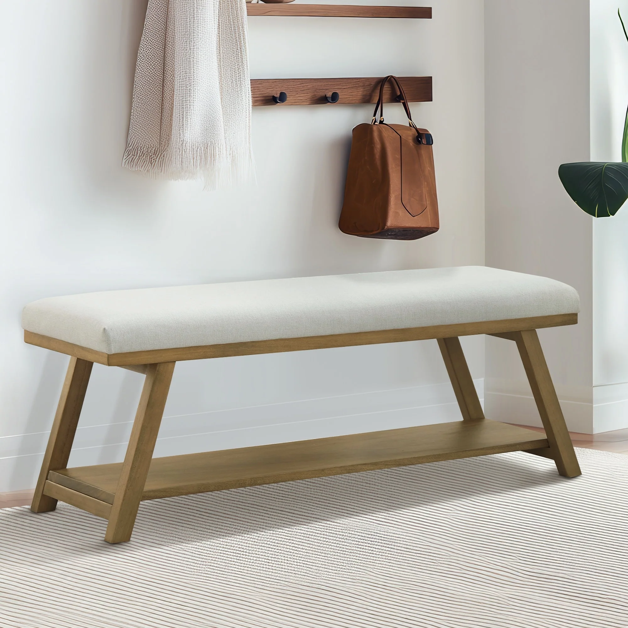Solid Wood Shoe Bench with Cushion Entryway Shoe Bench