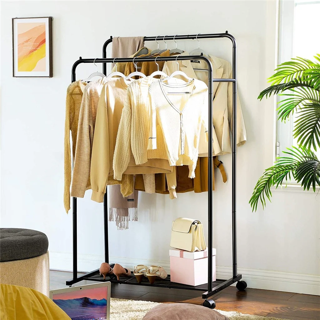 Metal Double Rail Clothes Stand on Wheels