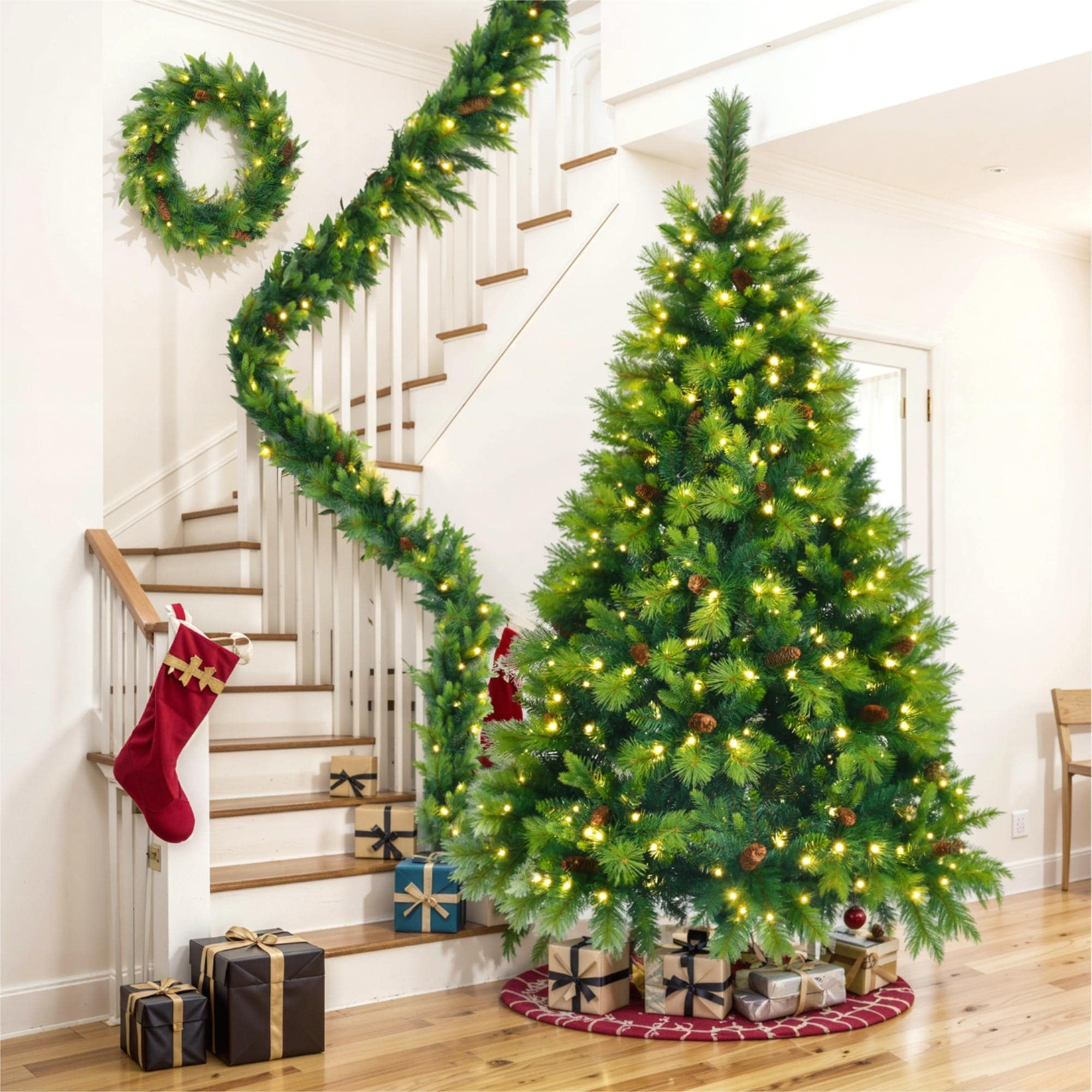 6FT Artificial Grass Green Christmas Tree Set, Pre-Lit with 430 LED Lights, Pine Cones, Wreath & Garland, Ideal for Home