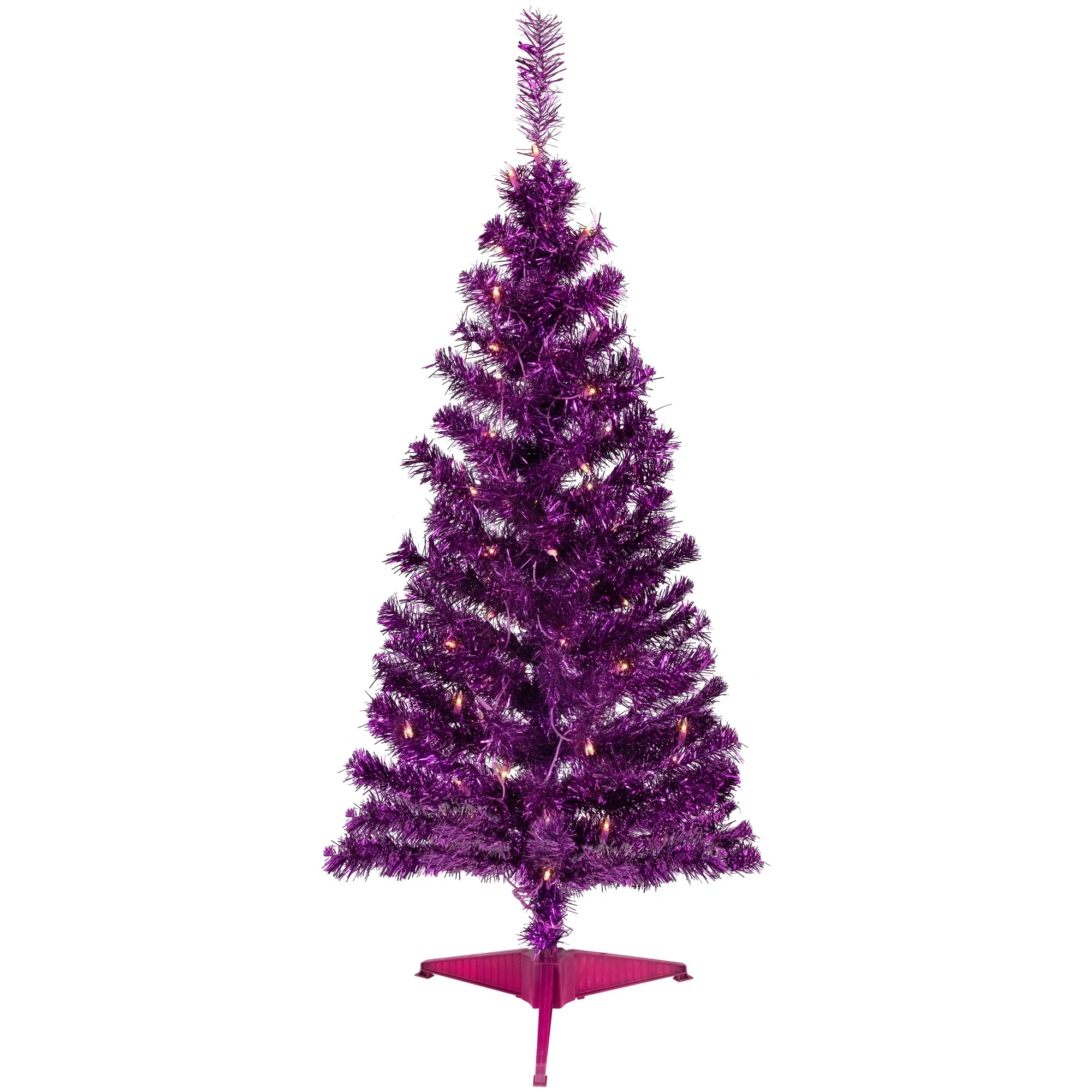 4' Purple Tinsel Artificial Christmas Tree- Clear Lights, Purple Wire - 4 Foot