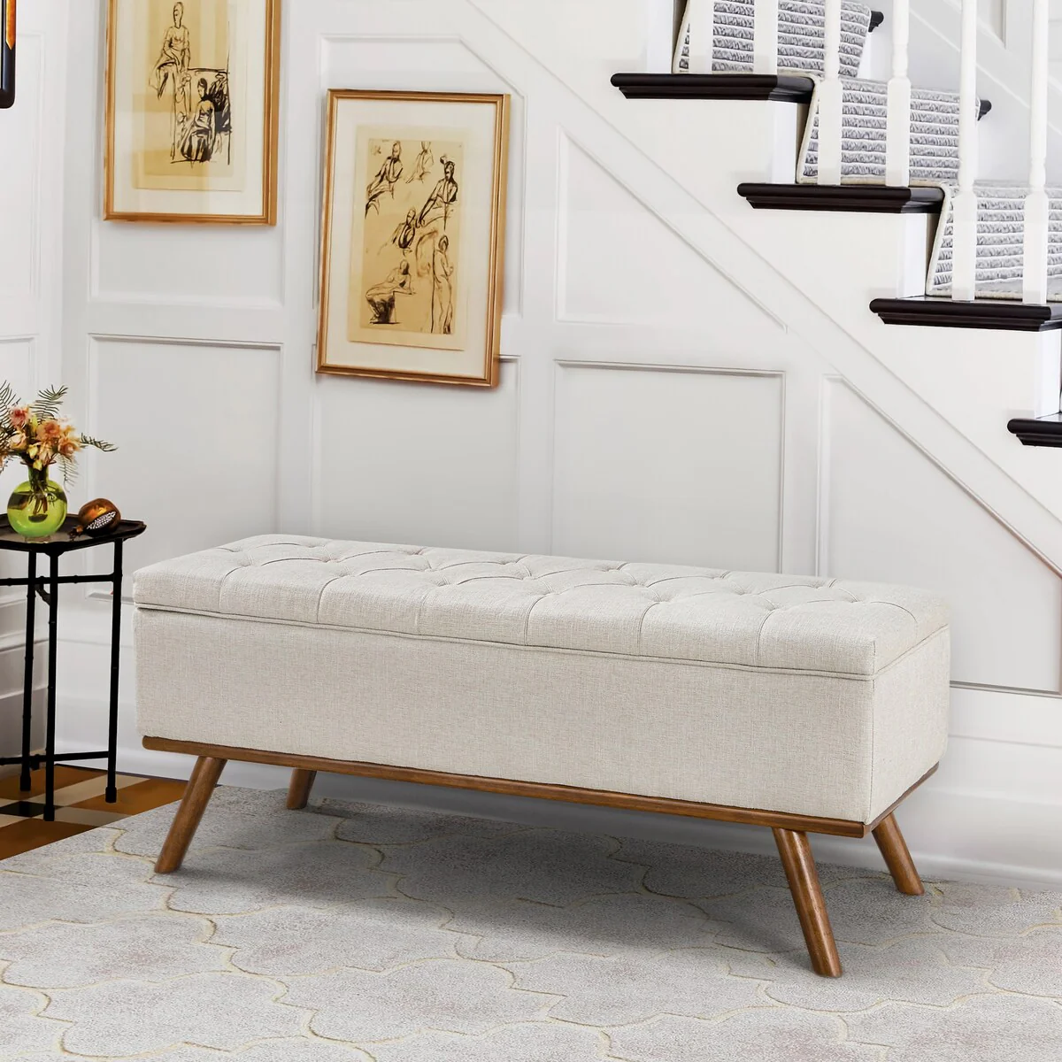 LUE BONA Modern Upholstered Storage Ottoman Button Tufted Storage Bench with Linen Seat End of Bed - 17.5 D X 50.4 W X 20.5 H