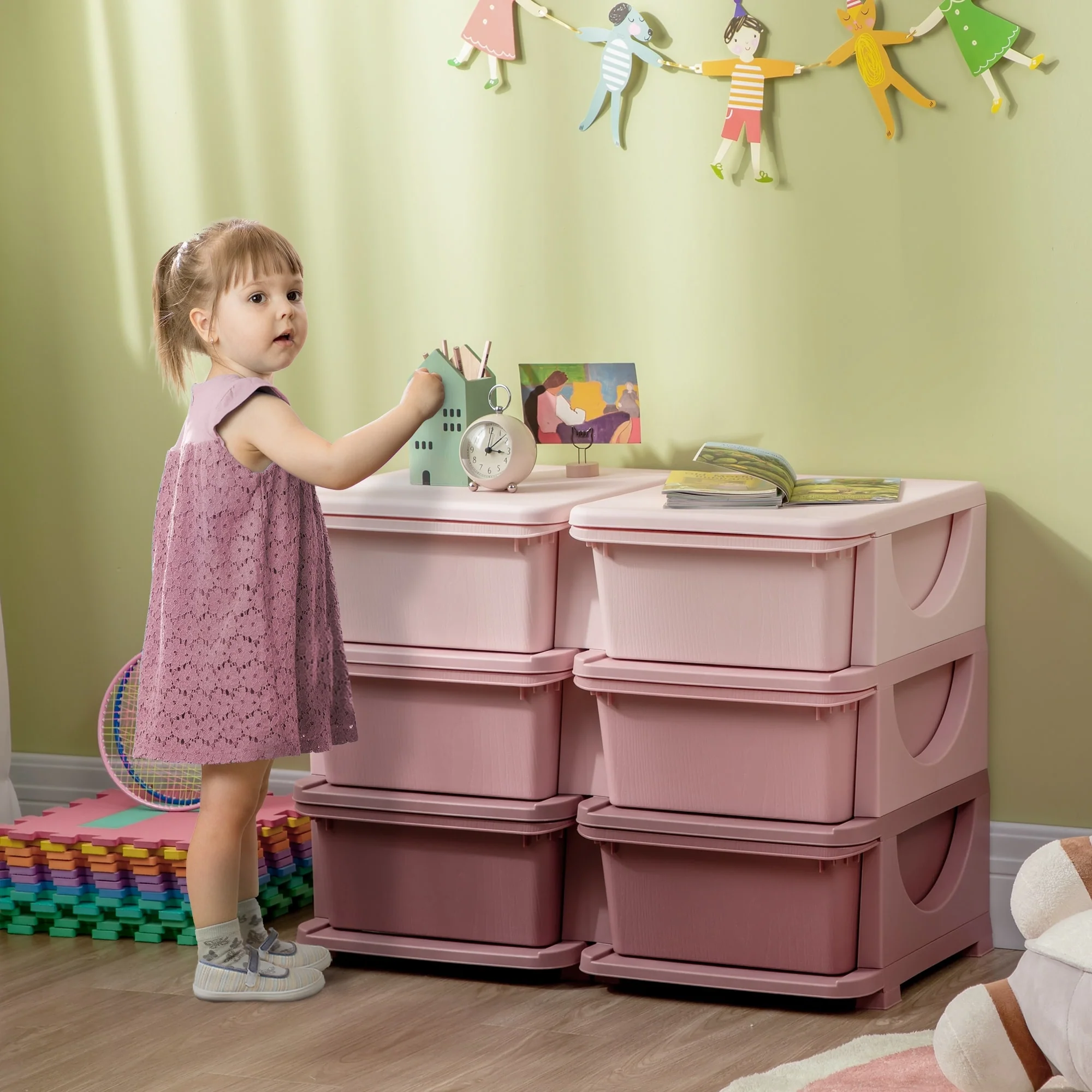 Qaba 3 Tier Kids Storage Unit, 6 Drawer Chest Toy Organizer Plastic Bins for Kids Bedroom Nursery Kindergarten Living Room