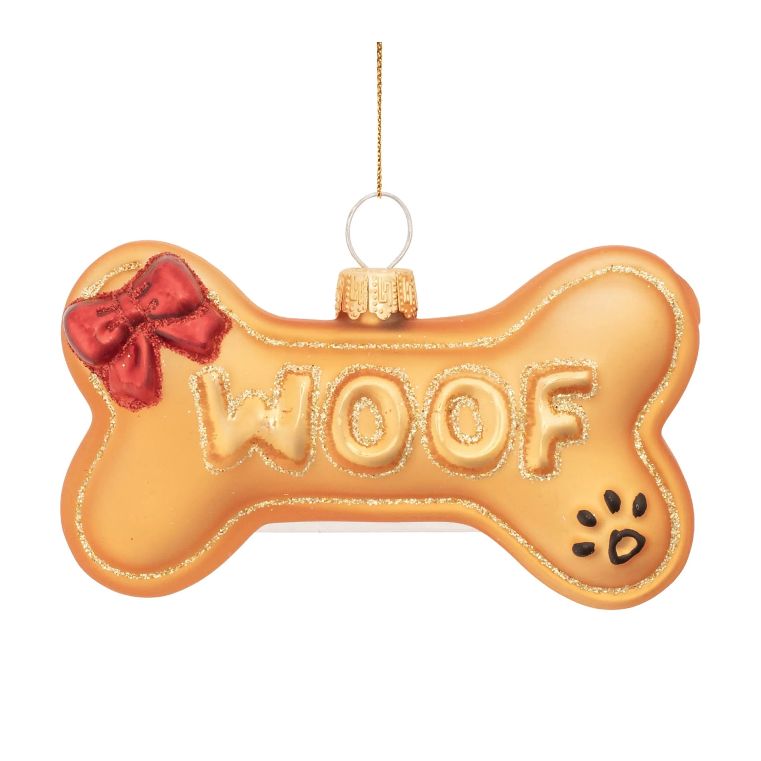 Glass Dog Bone Ornaments Set of 12 with Bow Accent and Woof Text - 3.75” x 1” x 3” (L x W x H)