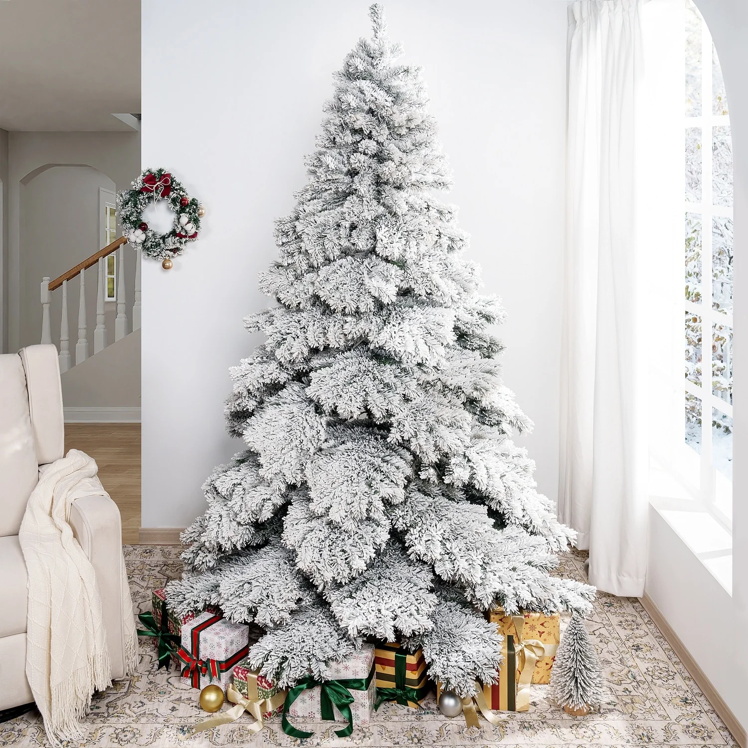 Frosted Fir Snow Flocked Christmas Tree Prelit with 1324 Branch Tips, Warm Lights and Metal Stand - N/A