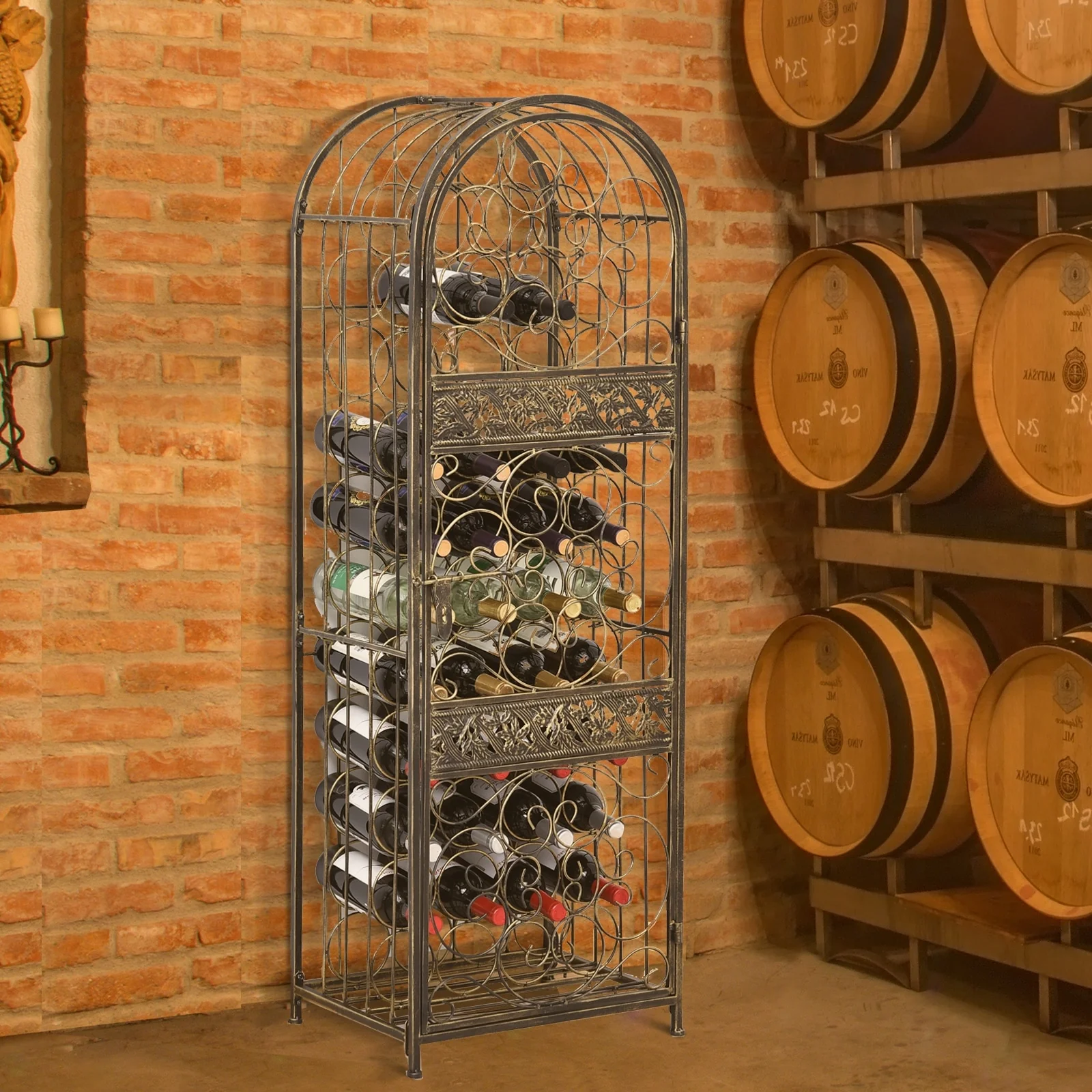 HOMCOM 45 Bottle Wrought Iron Wine Rack Jail with Lock - Antique Bronze - 17.5*14.25*52