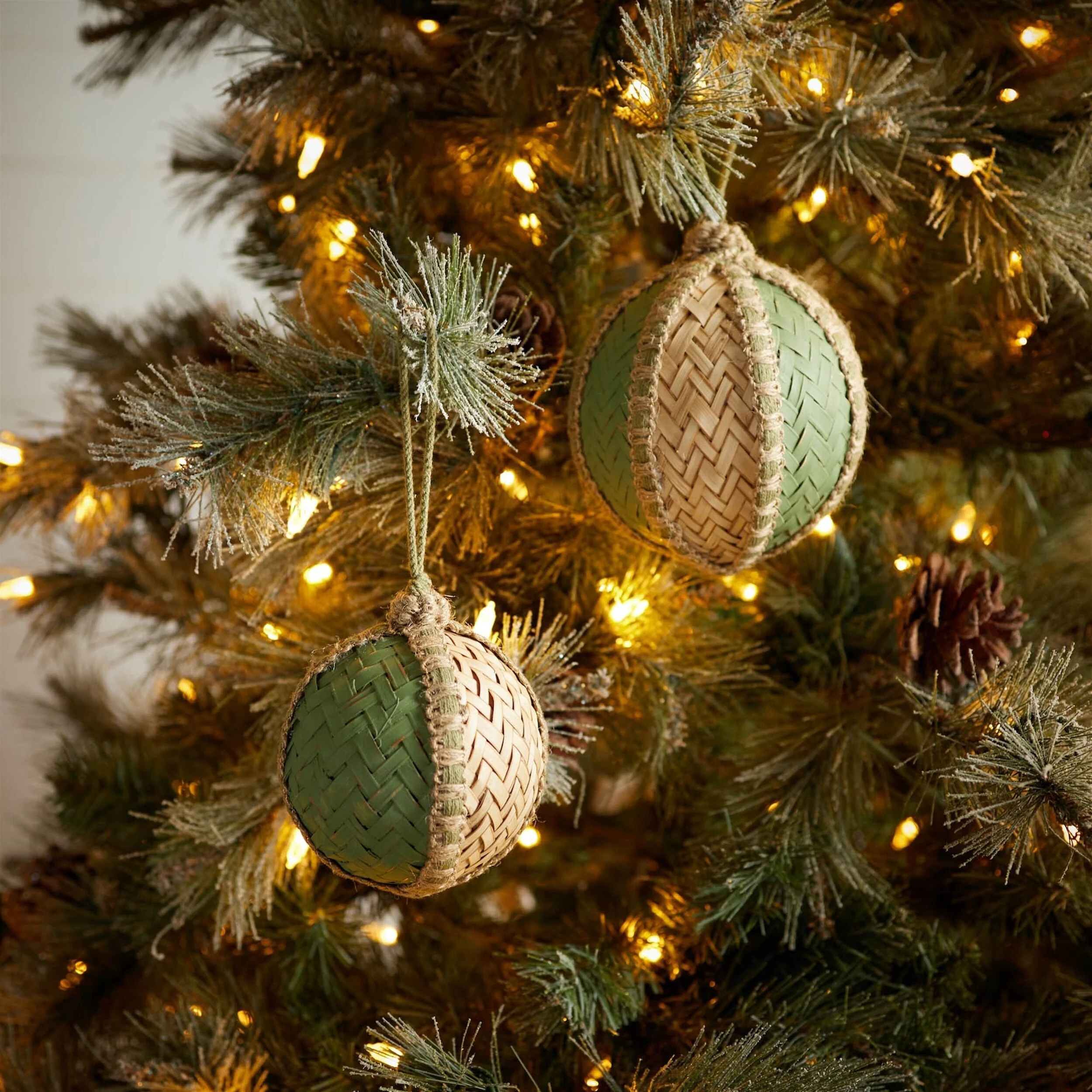 Set of 4 Green Beige Woven Wicker Ball Ornaments with Jute Rope Hangers for Christmas Tree and Garland Decor