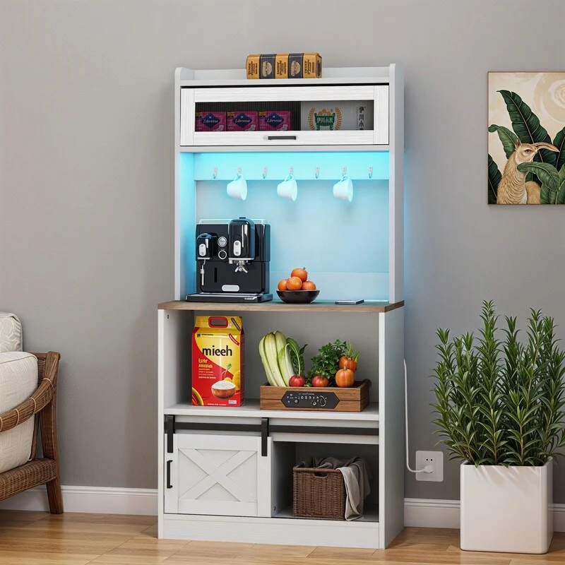 Moasis 5-Tier Bakers Rack with Hooks & LED Lights, Microwave Stand with Power Outlets