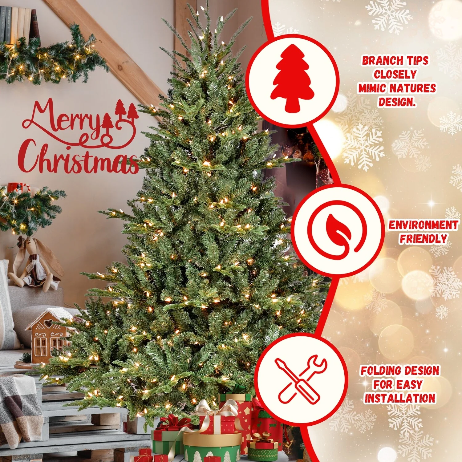 5FT Full-Shape Christmas Tree with 350 UL Lights-PE/PVC Mixed Branches, 1129 Tips, Wide Base for Spacious Areas
