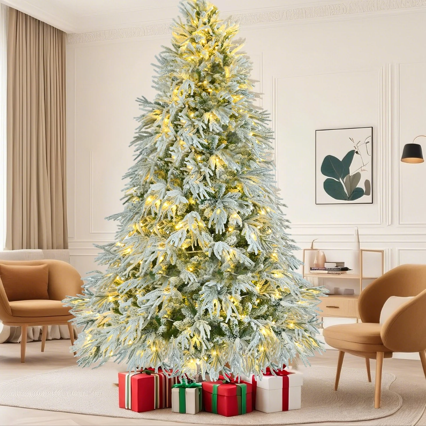 7.5FT Artificial Snow Flocked Christmas Tree with 350 LED Lights, 1389 Branch Tips, and 8 Flashing Modes